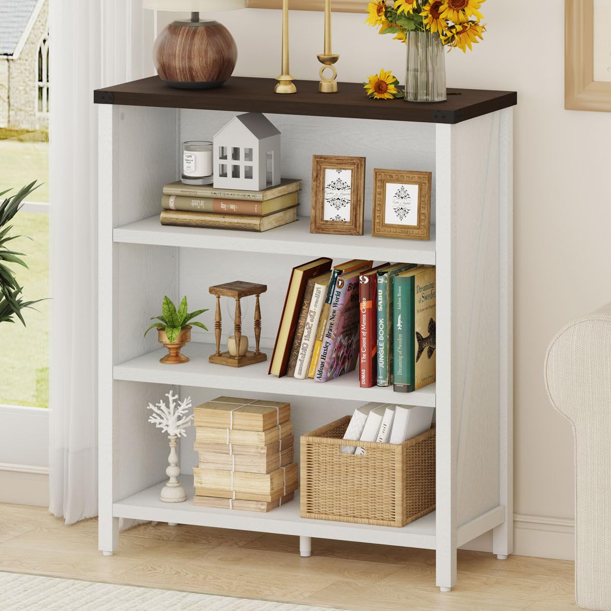 BON AUGURE Rustic Short Bookshelf, 3 Shelf Bookcase, Small Wood Low Book Cases/Shelves, Farmhouse Storage Tier Book Shelves for Home Office, Living Room, Small Space (Rustic Oak)