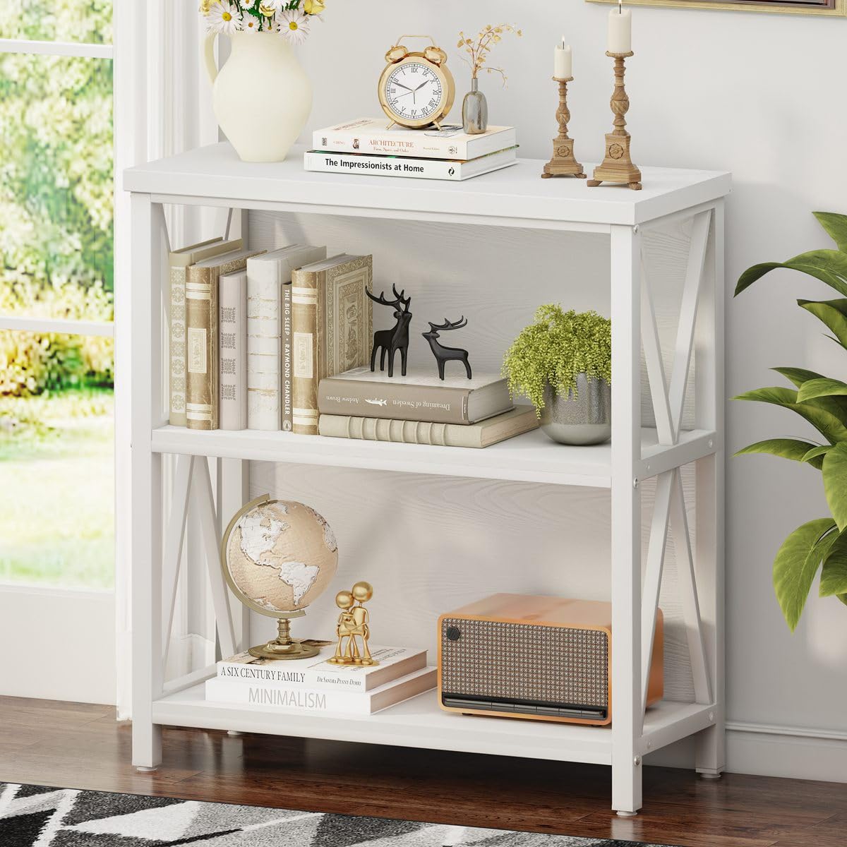FATORRI Small Bookcase, Wood and Metal Low Short Bookshelf, Industrial Book Case and Rustic Book Shelf for Small Space (Rustic Oak)