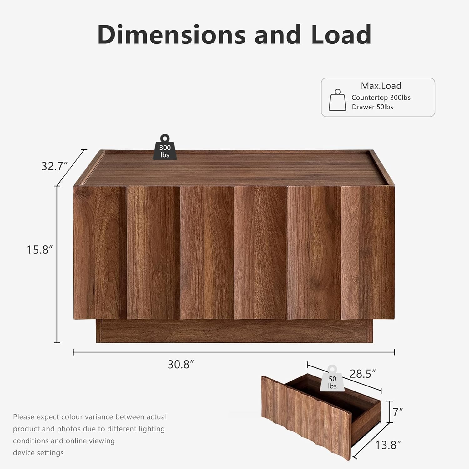 win2win Square Coffee Table with Storage, Mid Century Modern Coffee Table with Wave Design, Wood Grain Finish, Minimalist Center Table with Top-Edge Finger Pull Design for Living Room, Office, Walnut