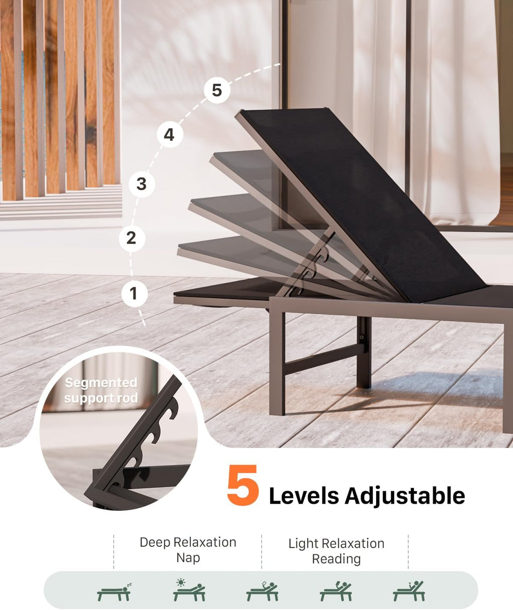 Chaise Lounge Chair Outdoor,Aluminum Patio Lounge Chairs,Lounge Chairs with 5 Adjustable Backrest for Outside Beach Lawn and Backyard,Black