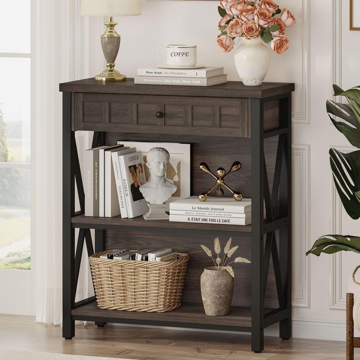FATORRI Small Bookcase, Wood and Metal Low Short Bookshelf, Industrial Book Case and Rustic Book Shelf for Small Space (Rustic Oak)