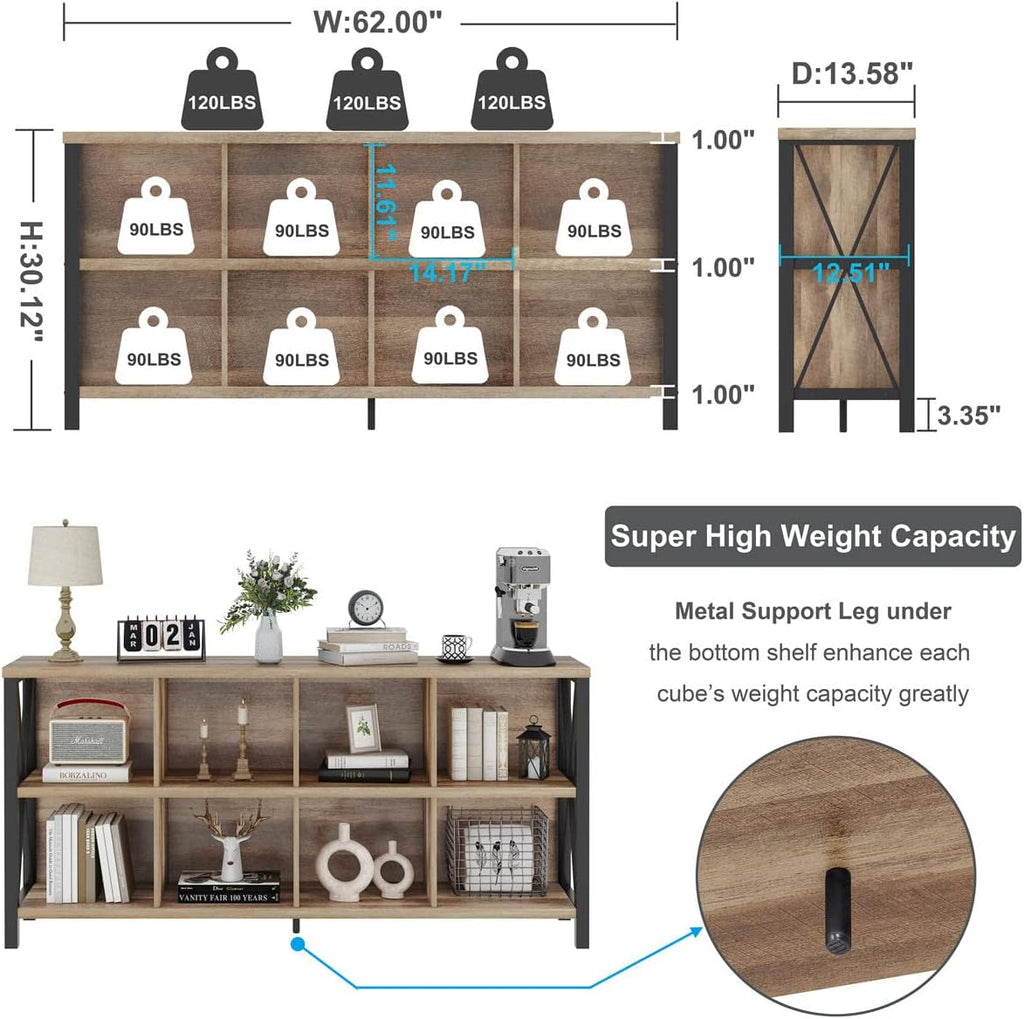FATORRI 8 Cube Storage Organizer Bookshelf, 62 Inch Rustic Wood Horizontal Bookcase, Industrial Long Book Shelf for Living Room (Rustic Oak)