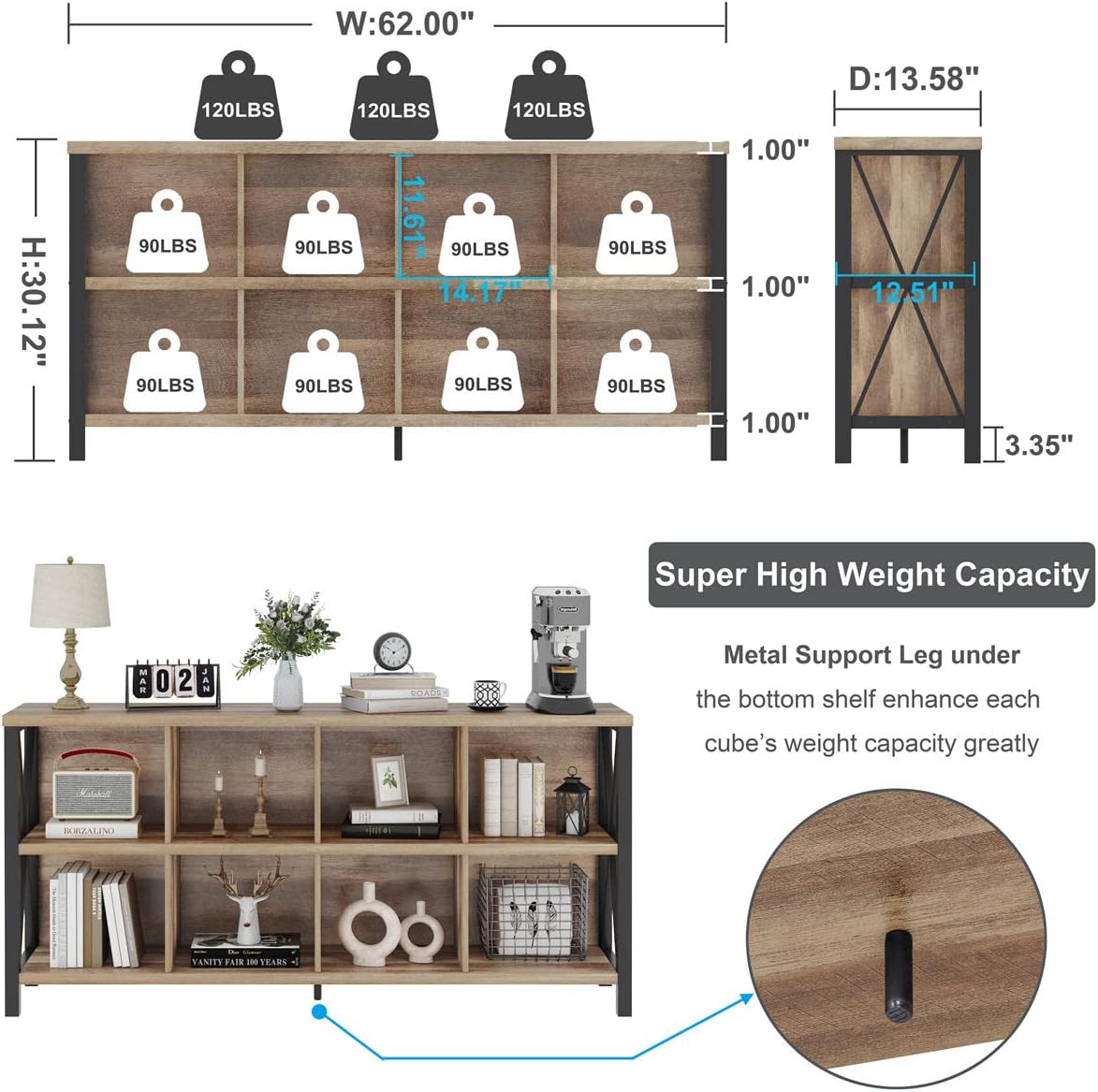FATORRI 8 Cube Storage Organizer Bookshelf, 62 Inch Rustic Wood Horizontal Bookcase, Industrial Long Book Shelf for Living Room (Rustic Oak)