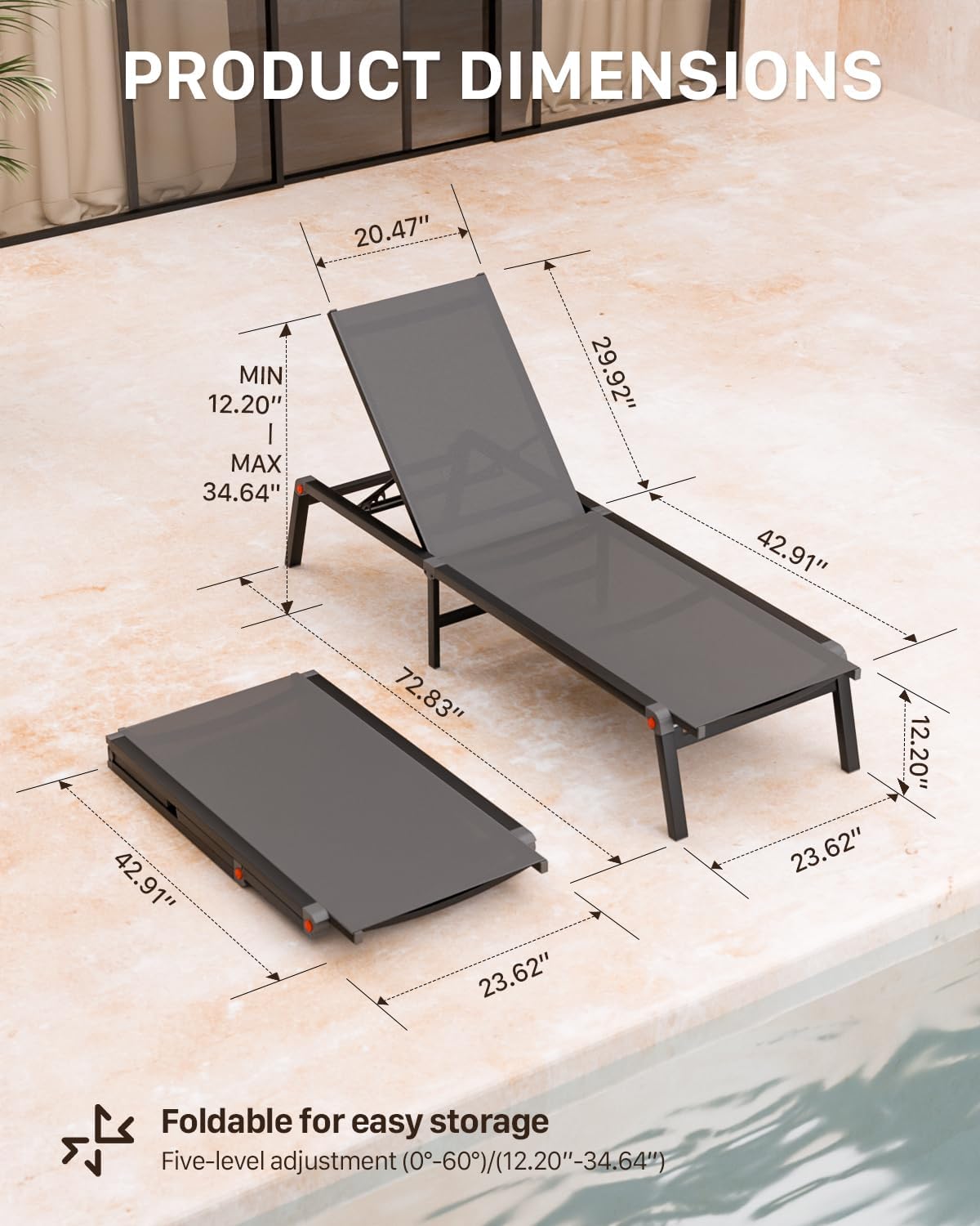 Aluminum Chaise Foldable Patio Lounge Chair Outdoor, Metal Deck Lounger Adjustable 5-Position Recliner Pool Chase Breathable Full Flat Outside Sun Tanning Chairs for Beach/Poolside/Lawn(Grey, 1 Pack)