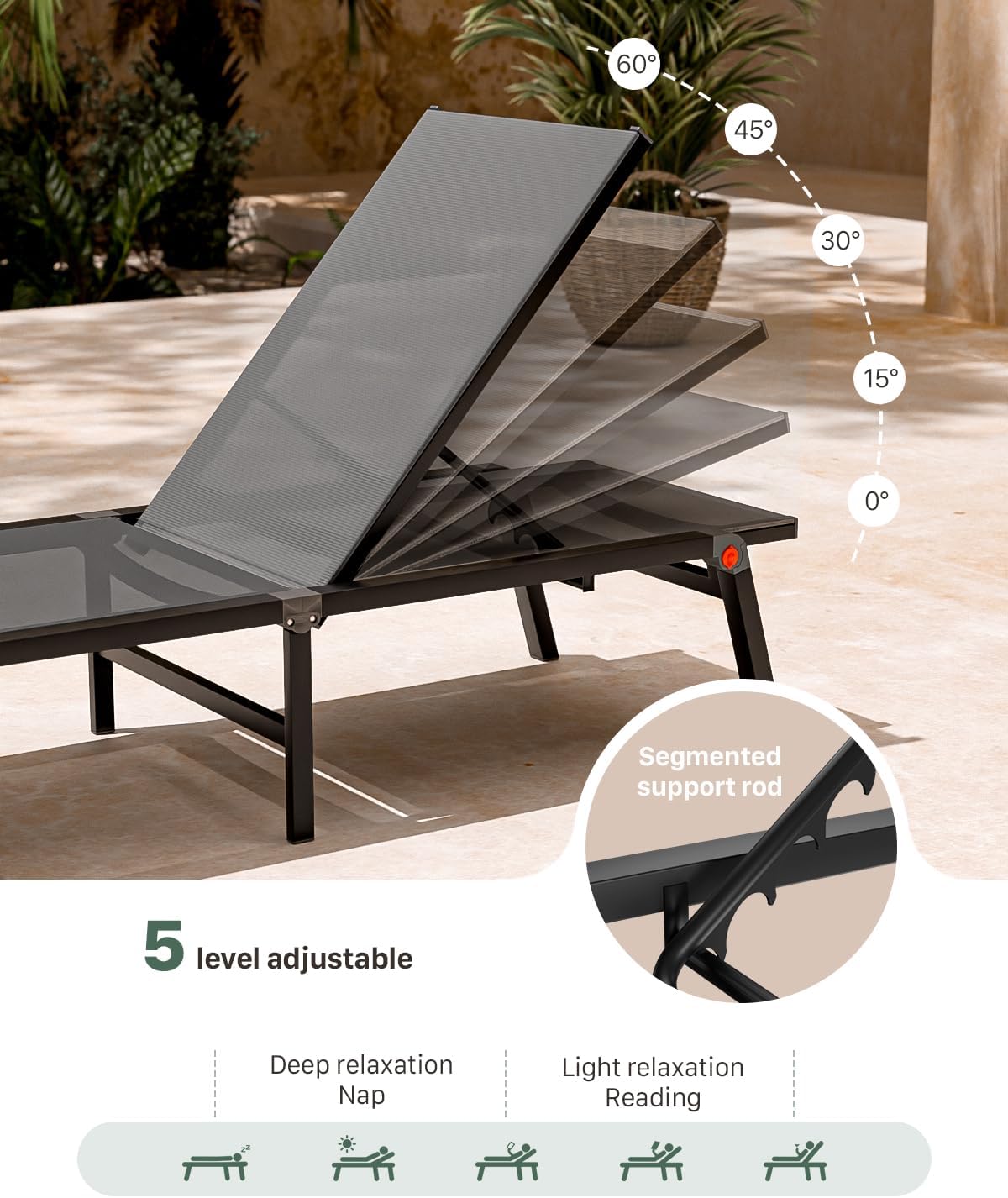 Aluminum Chaise Foldable Patio Lounge Chair Outdoor, Metal Deck Lounger Adjustable 5-Position Recliner Pool Chase Breathable Full Flat Outside Sun Tanning Chairs for Beach/Poolside/Lawn(Grey, 1 Pack)