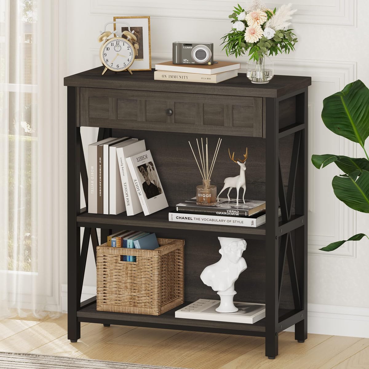 FATORRI Small Bookcase, Wood and Metal Low Short Bookshelf, Industrial Book Case and Rustic Book Shelf for Small Space (Rustic Oak)