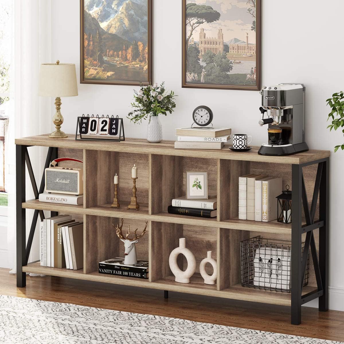 FATORRI 8 Cube Storage Organizer Bookshelf, 62 Inch Rustic Wood Horizontal Bookcase, Industrial Long Book Shelf for Living Room (Rustic Oak)