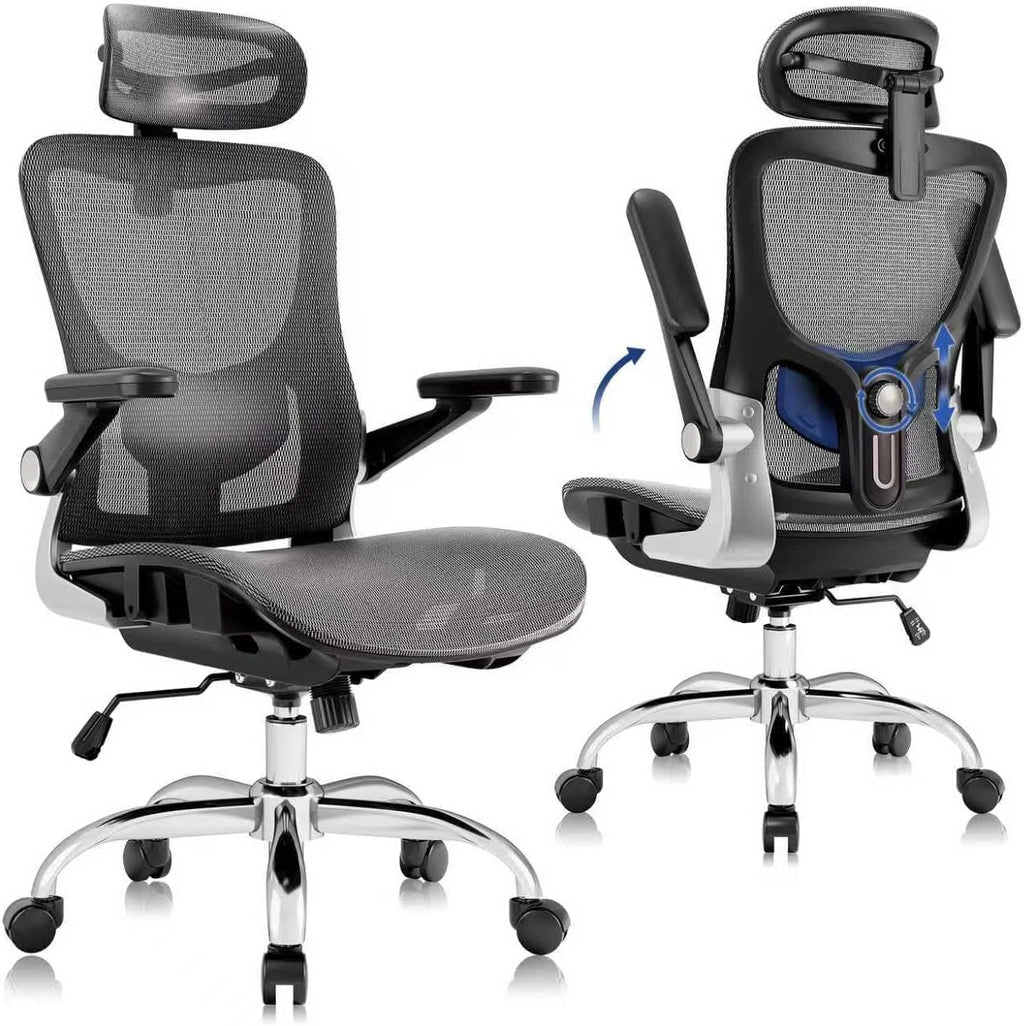 marrap Ergonomic Office Chair, Mesh Seat Cushion with 3D Armrests and 3D Headrest, Adjustable Lumbar Support with 90-120° Rocking Function for Home Office, Dark Grey