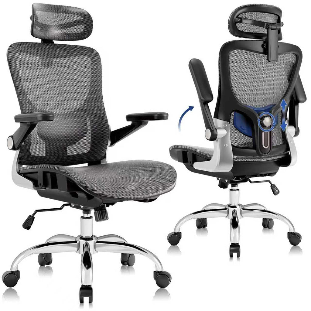marrap Ergonomic Office Chair, Mesh Seat Cushion with 3D Armrests and 3D Headrest, Adjustable Lumbar Support with 90-120° Rocking Function for Home Office, Dark Grey