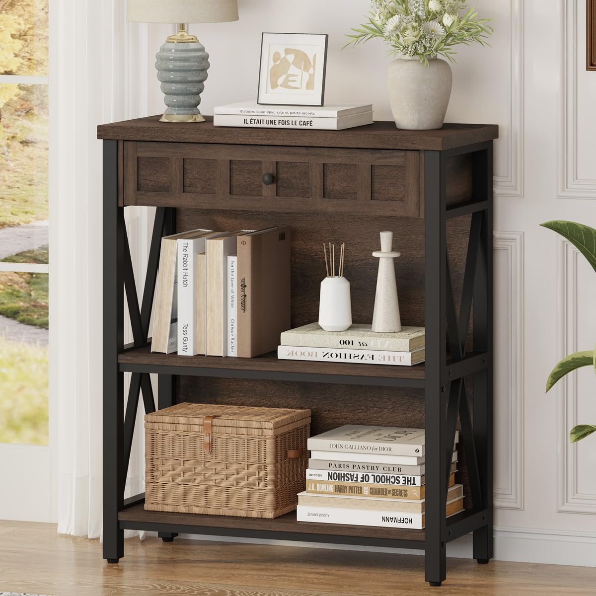 FATORRI Small Bookcase, Wood and Metal Low Short Bookshelf, Industrial Book Case and Rustic Book Shelf for Small Space (Rustic Oak)
