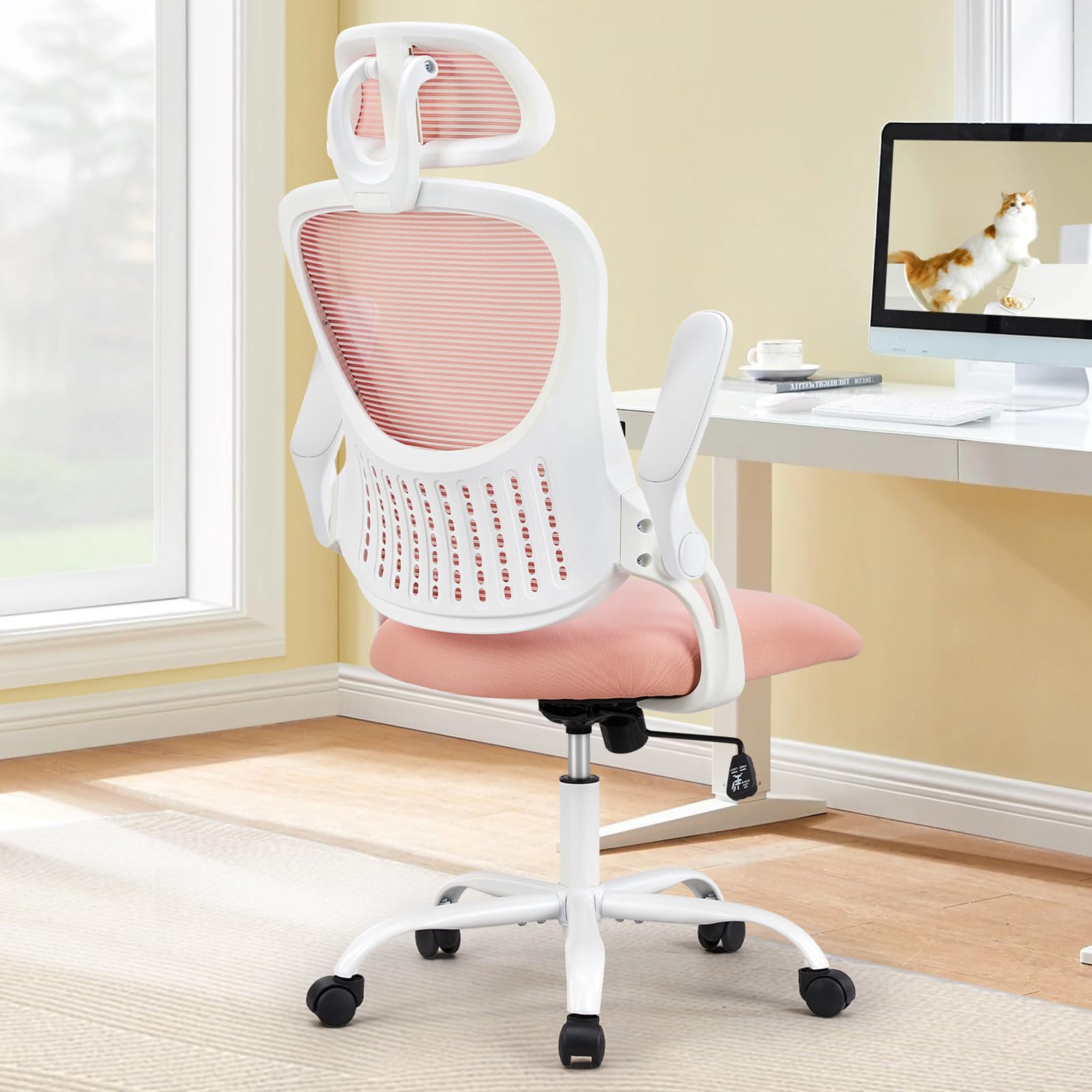 Sweetcrispy Office Computer Desk Chair, Ergonomic High-Back Mesh Rolling Work Chairs with Wheels and Adjustable Headrests, Comfortable Lumbar Support, Comfy Flip-up Arms for Home, Bedroom, Study,Black