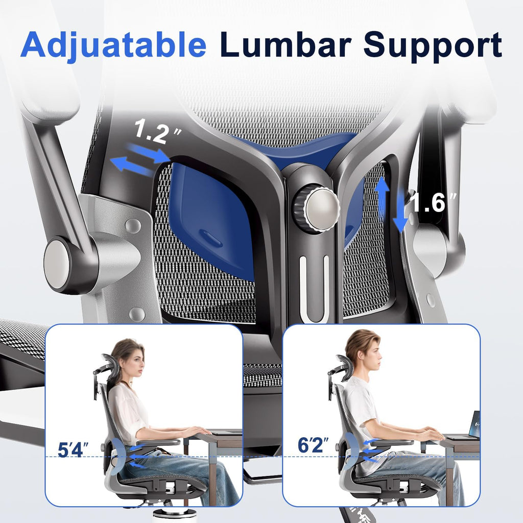 marrap Ergonomic Office Chair, Mesh Seat Cushion with 3D Armrests and 3D Headrest, Adjustable Lumbar Support with 90-120° Rocking Function for Home Office, Dark Grey