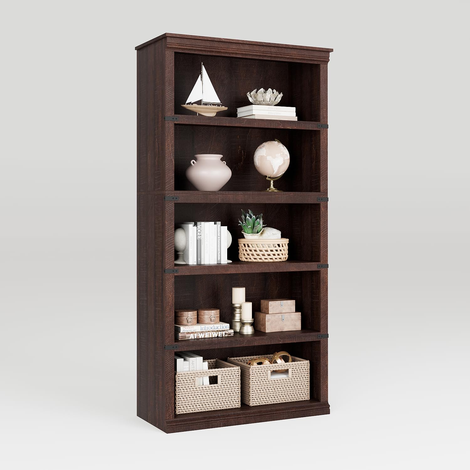 IDEALHOUSE 5 Tier Bookcase, Farmhouse Book Shelf with Storage, 71" Tall Book Case Wooden 5 Shelf Bookcase for Home Office, Living Room, Bed Room (Oak, 67.4" H x 31.5" W x 12.8" D)