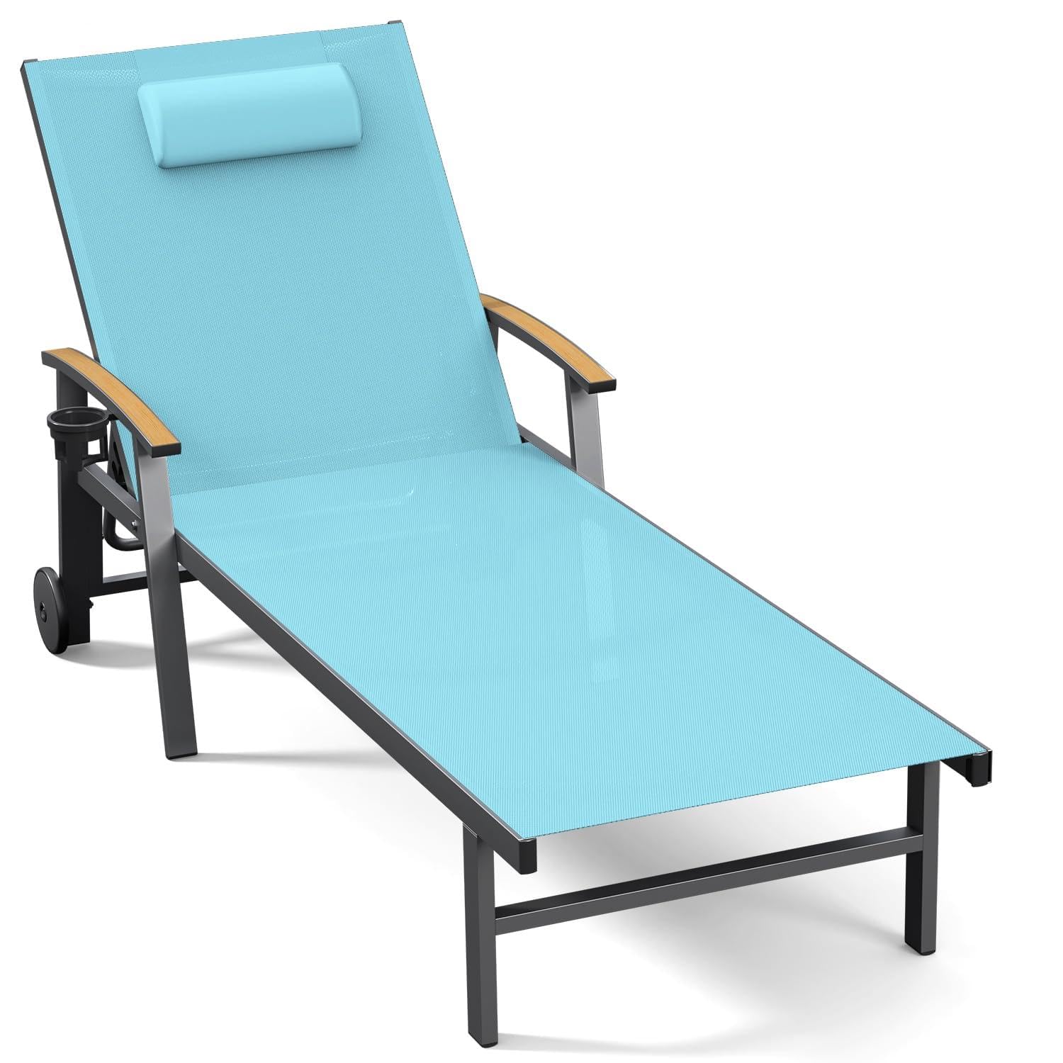 Ciokea Outdoor Lounge Chair with Pillow, 5-Position Aluminum Chaise Lounge with Wheels & Armrests, 400 lbs Heavy Duty Patio Pool Chair for Deck, Backyard, Beach & Poolside, Grey