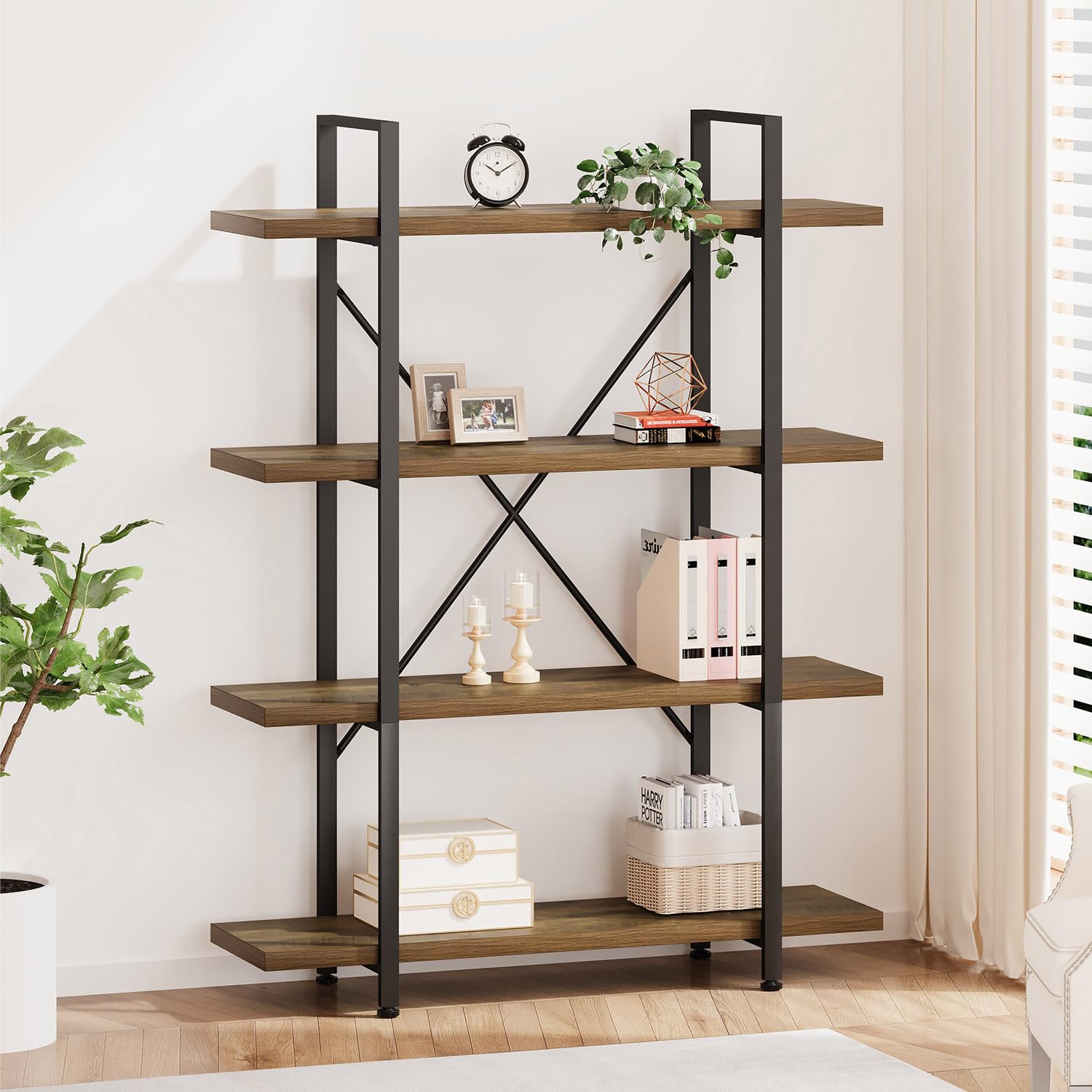 HSH 5-Shelf Vintage Industrial Rustic Bookshelf, 5 Tier Wood and Metal Bookcase, Open Etagere Book Shelf, Farmhouse Wooden Bookshelves, Light Grey Oak