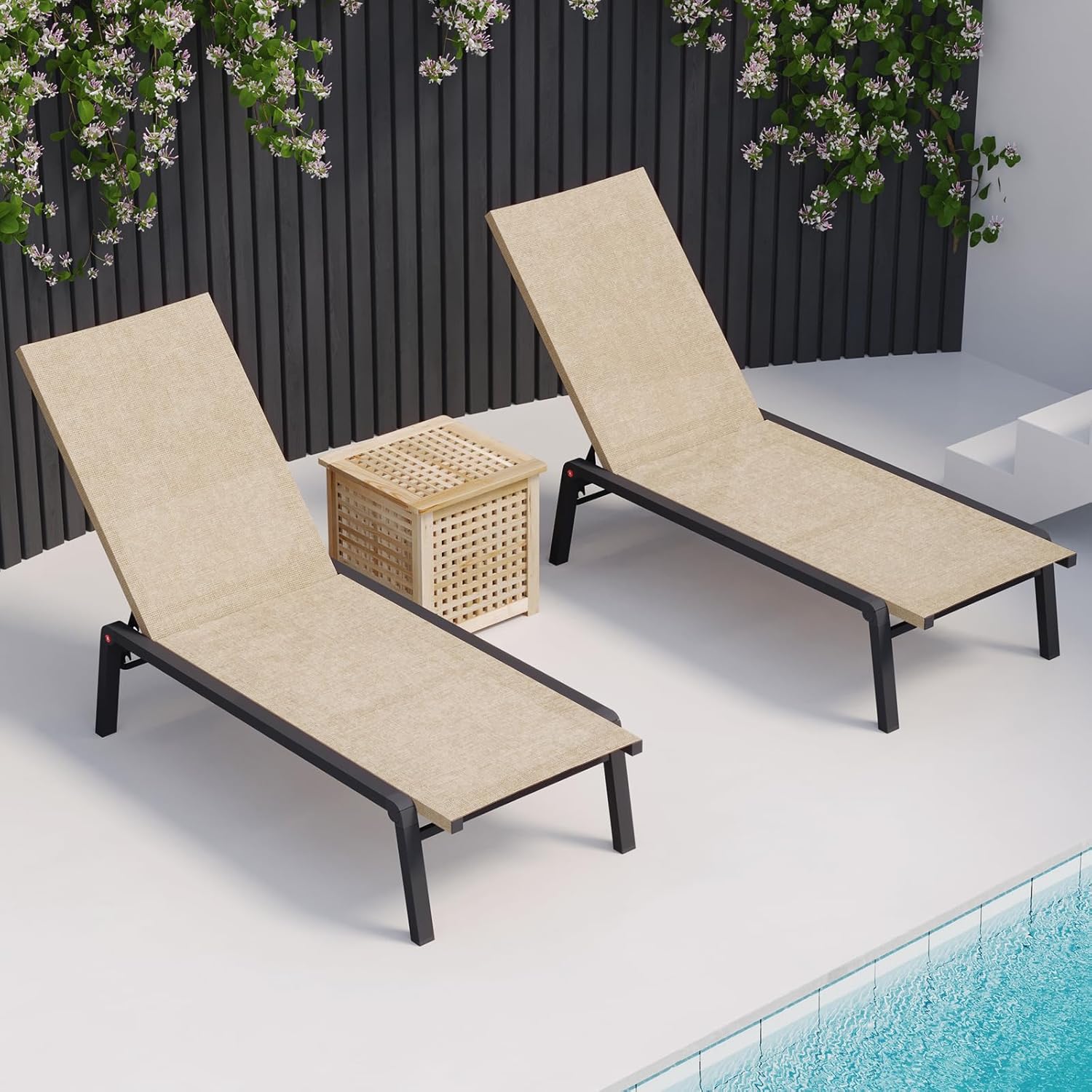 Patio Chaise Lounge Set of 2 with 4 Adjustable Backrest, Foldable Aluminum Chaise Lounge Chair Recliner for Outdoor, Poolside, Sun Tanning Flaxen