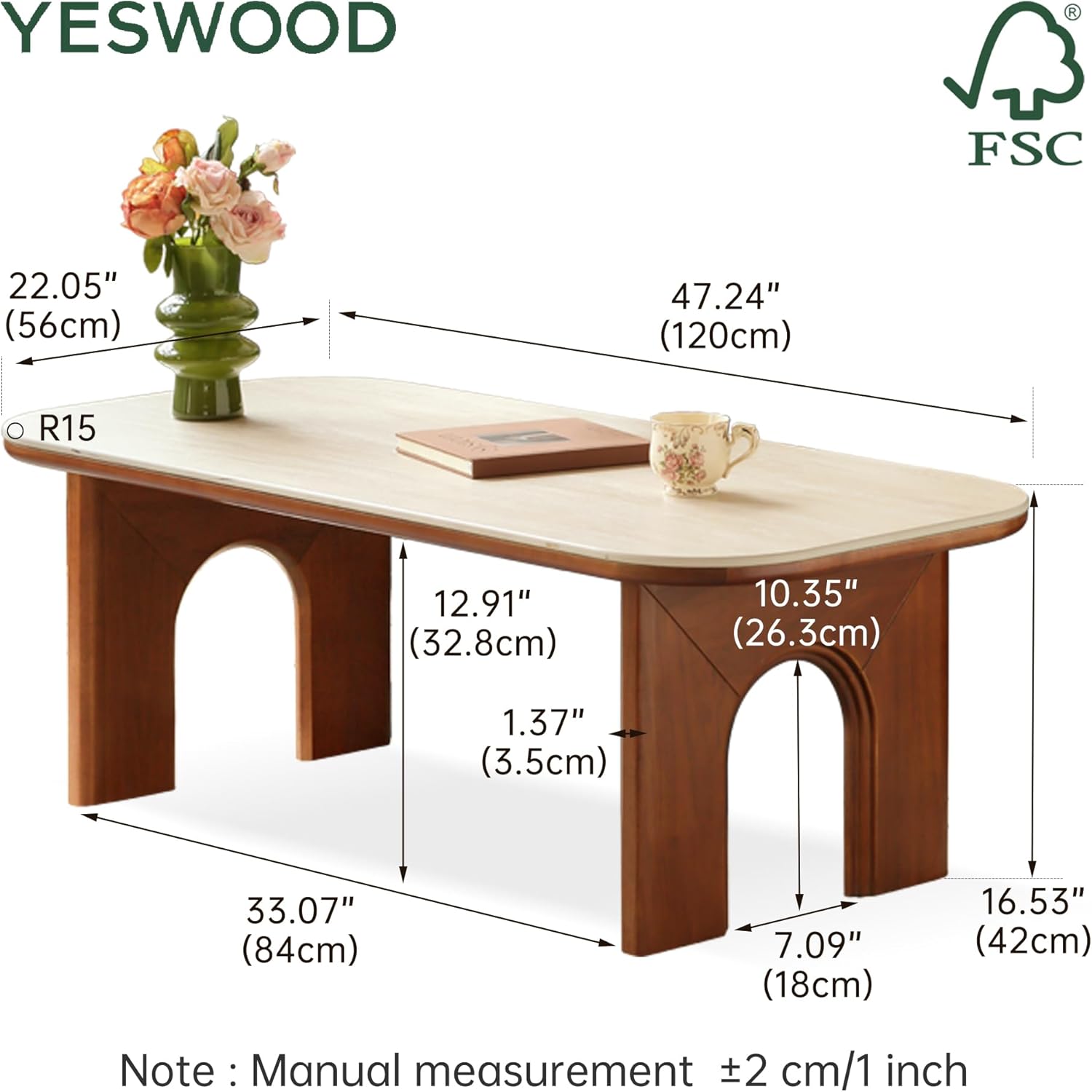 YESWOOD Solid Wood Tulipwood Coffee Table with Travertine Sintered Stone Top, Mid-Century Modern Design, Living Room Table, 47.24" L x 22.05" W x 16.53" H, Teak