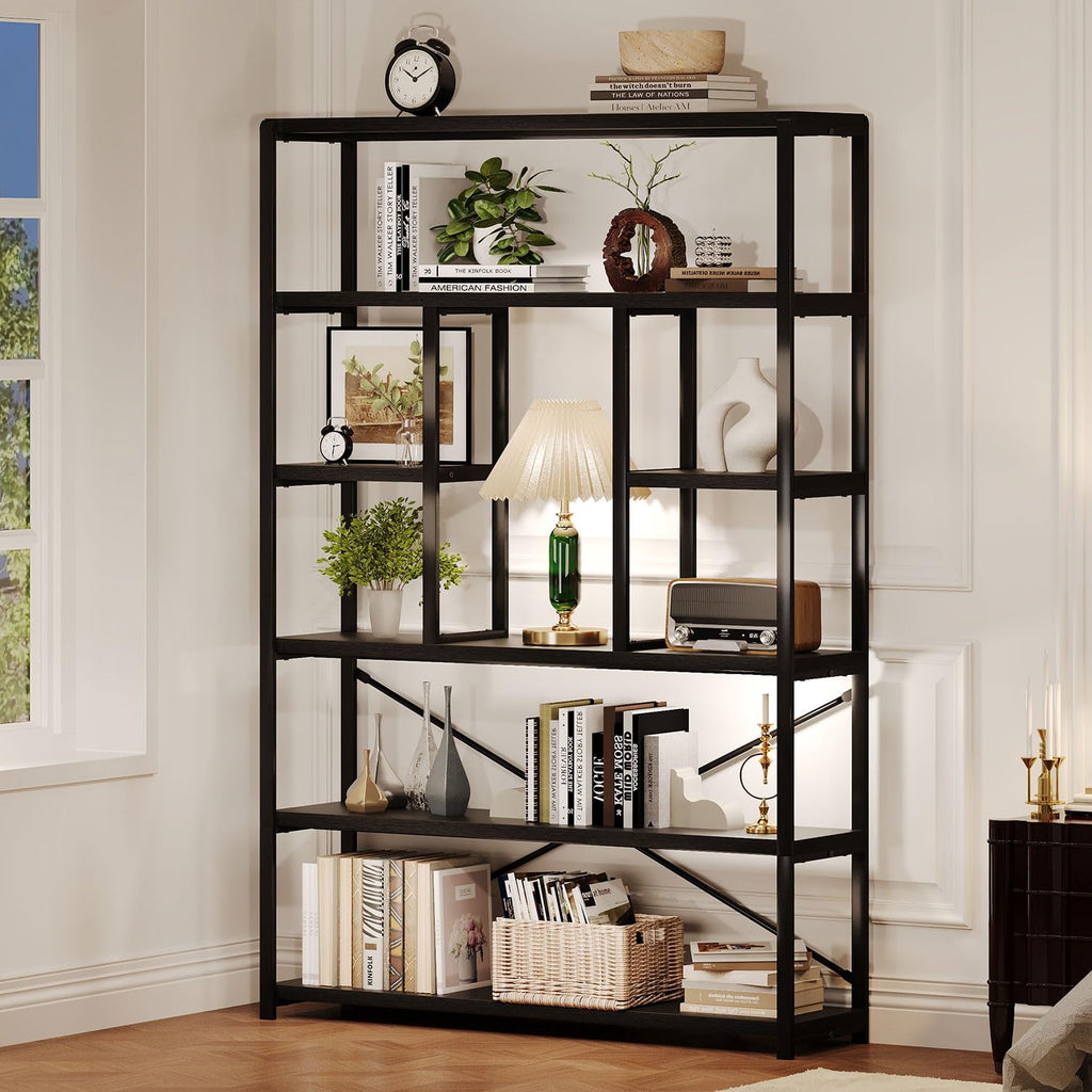 LVB Tall Industrial Etagere Bookcase, Modern Wood Large Open 6 Tier Bookshelf, Vintage Wide Metal Book Shelf Organizer, Farmhouse Book Shelves for Bedroom Living Room Home Office Storage, Rustic Oak