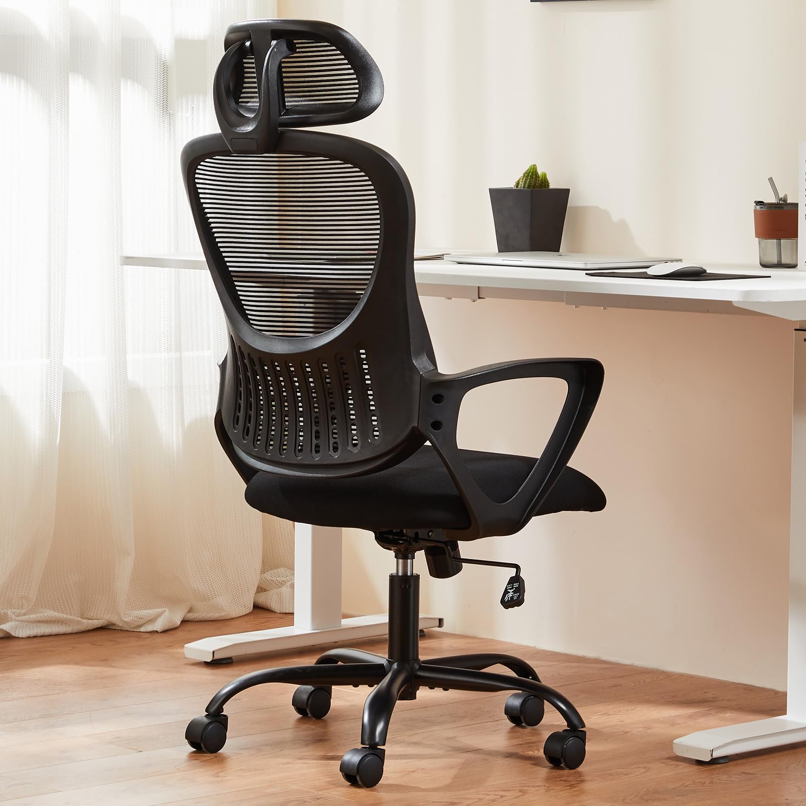 Sweetcrispy Office Computer Desk Chair, Ergonomic High-Back Mesh Rolling Work Chairs with Wheels and Adjustable Headrests, Comfortable Lumbar Support, Comfy Flip-up Arms for Home, Bedroom, Study,Black