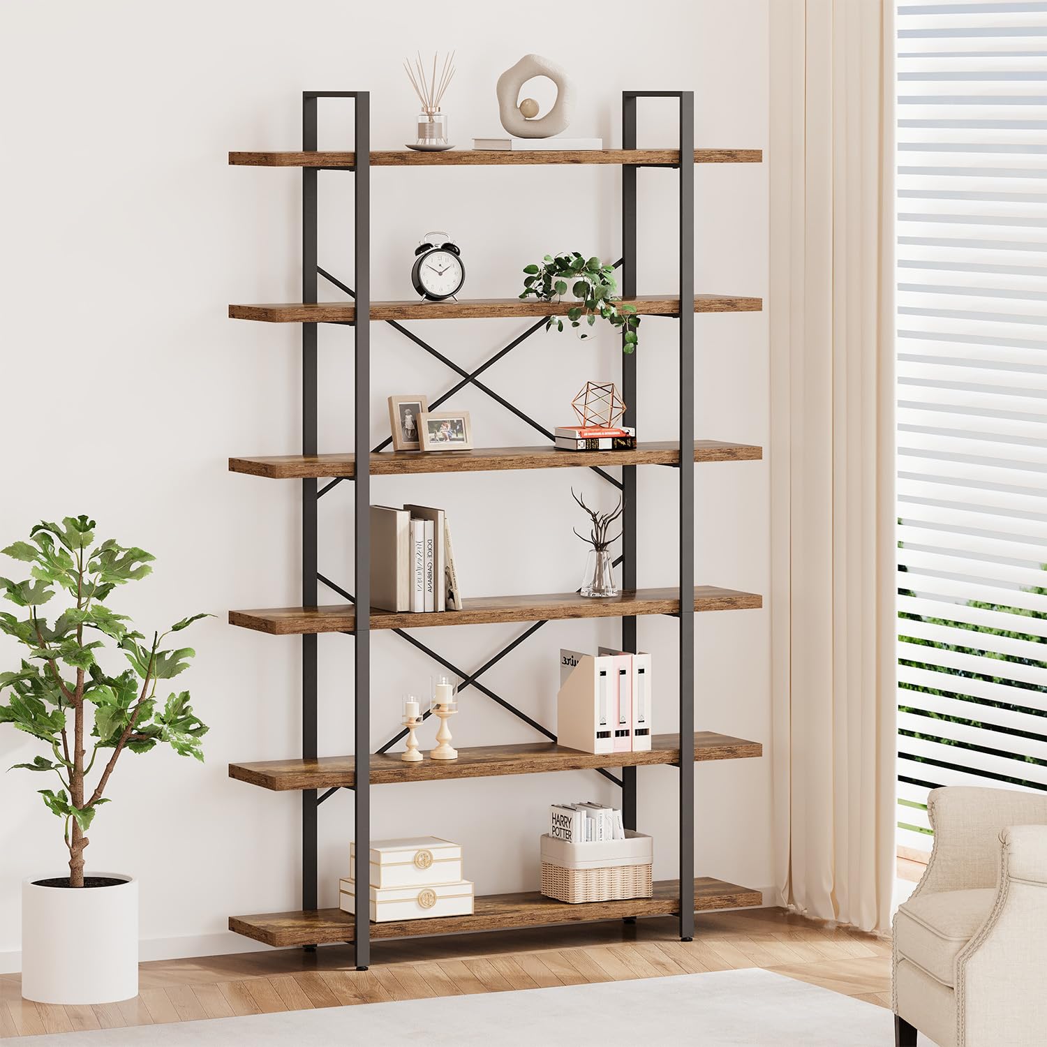 HSH 5-Shelf Vintage Industrial Rustic Bookshelf, 5 Tier Wood and Metal Bookcase, Open Etagere Book Shelf, Farmhouse Wooden Bookshelves, Light Grey Oak