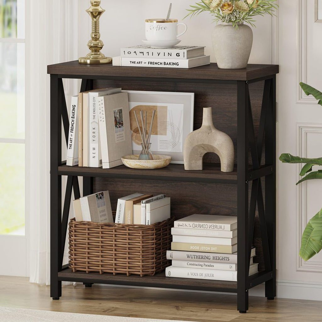FATORRI Small Bookcase, Wood and Metal Low Short Bookshelf, Industrial Book Case and Rustic Book Shelf for Small Space (Rustic Oak)