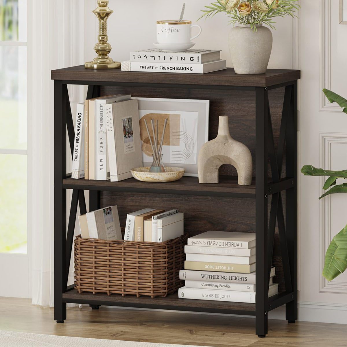 FATORRI Small Bookcase, Wood and Metal Low Short Bookshelf, Industrial Book Case and Rustic Book Shelf for Small Space (Rustic Oak)