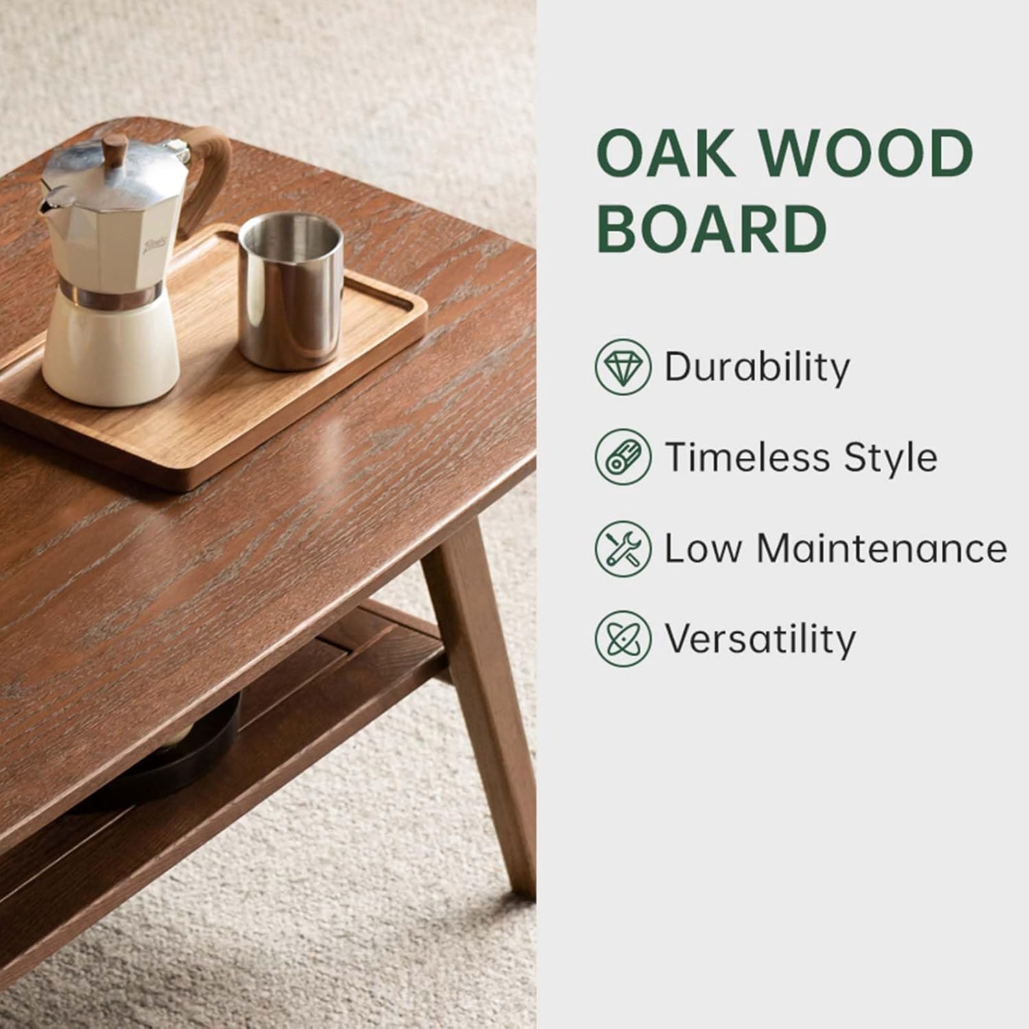 100% Solid Wood Coffee Table for Living Room, 39.37" Mid Century Modern Tables with Shelf Storage, 2-Tier Coffee Table with Rounded Corners (Oak Wood Walnut Color, 39.37" L)