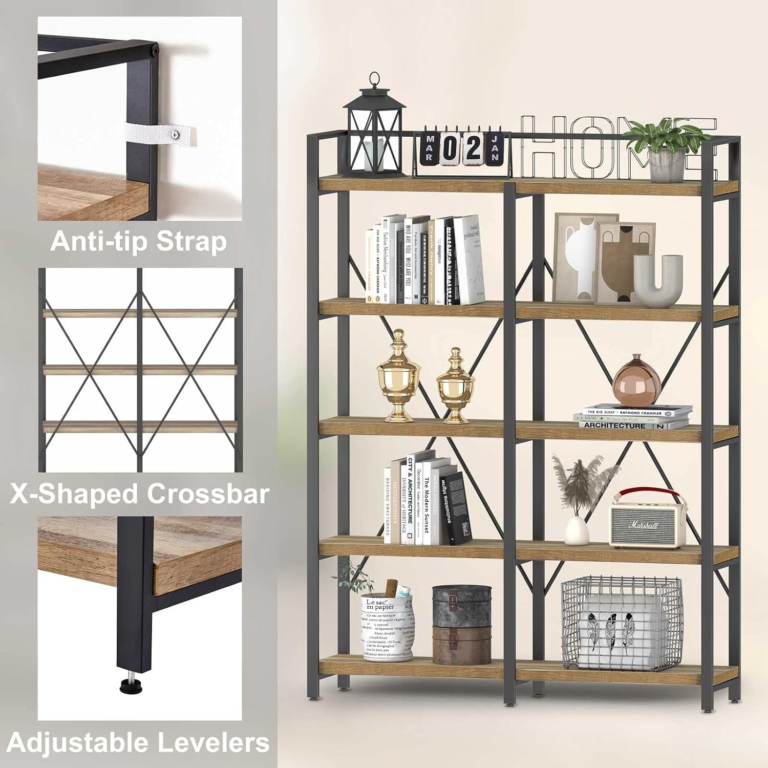 FATORRI Bookshelf, 5 Tier Industrial, Tall Etagere Bookcase, Rustic Wood and Metal Book Shelf with Large Open Shelving Unit for Home Office Living Room (Rustic Oak, 51 Inch Wide)
