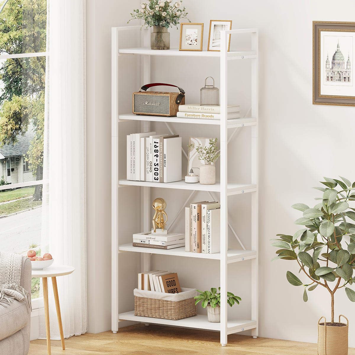 FATORRI 5 Tier Bookshelf, Industrial Wood and Metal Book Shelves for Display, Tall Etagere Bookcase and Rustic Shelving Unit (Rustic Oak)