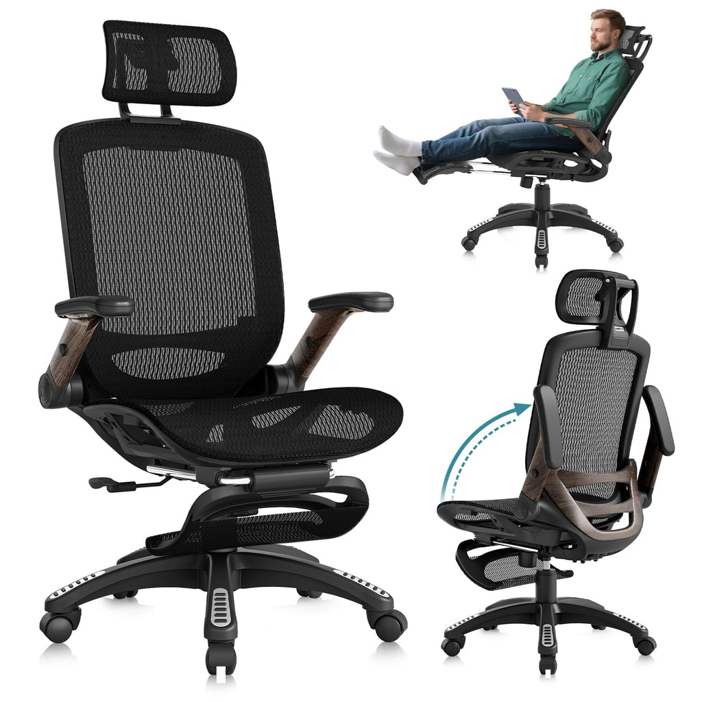 GABRYLLY Ergonomic Office Chair with Footrest, 135° Reclining Desk Chair with Adjustable Lumbar Support,3D Armrest,Headrest & Large Steel Base, 300LBS Heavy Duty Mesh Chair