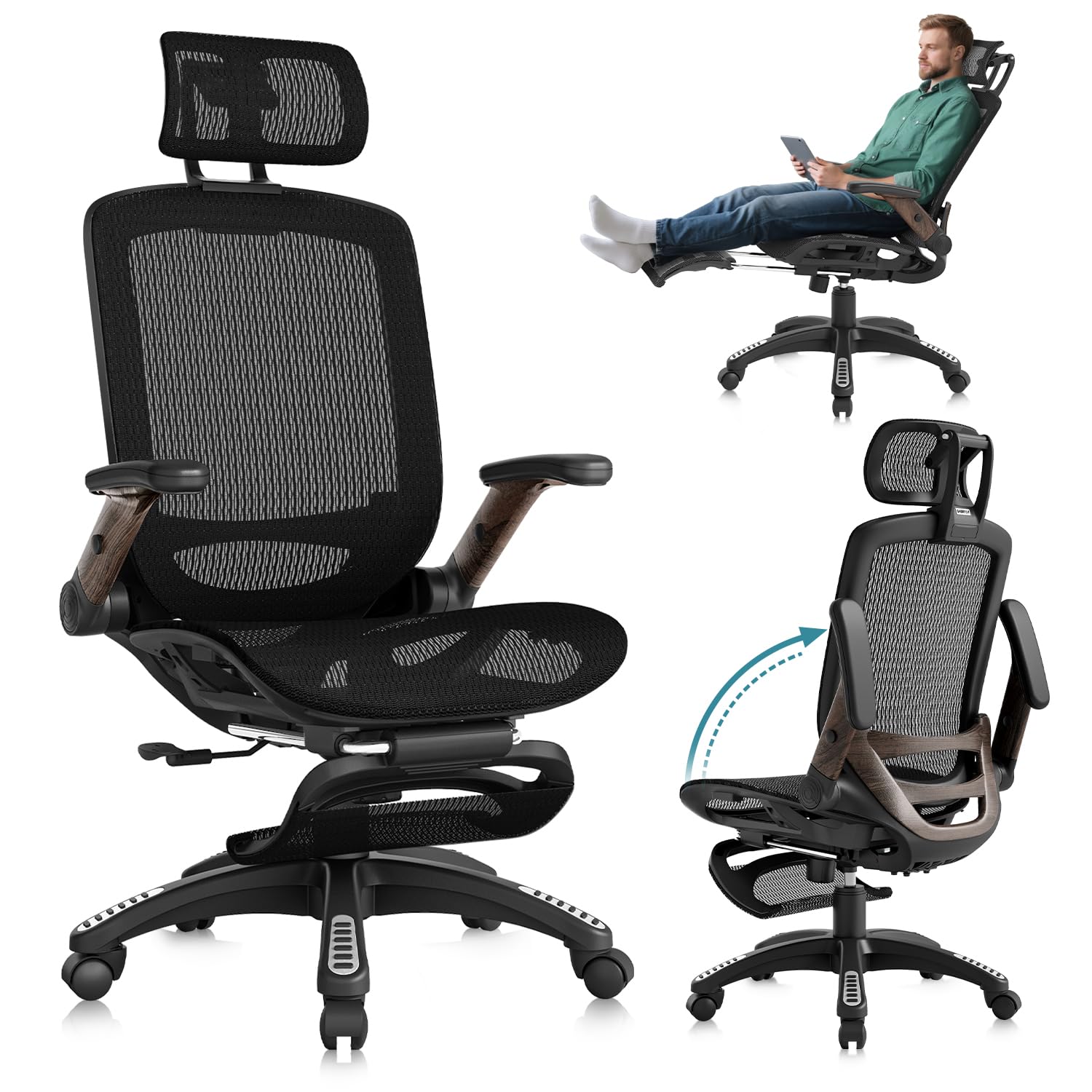 GABRYLLY Ergonomic Office Chair with Footrest, 135° Reclining Desk Chair with Adjustable Lumbar Support,3D Armrest,Headrest & Large Steel Base, 300LBS Heavy Duty Mesh Chair