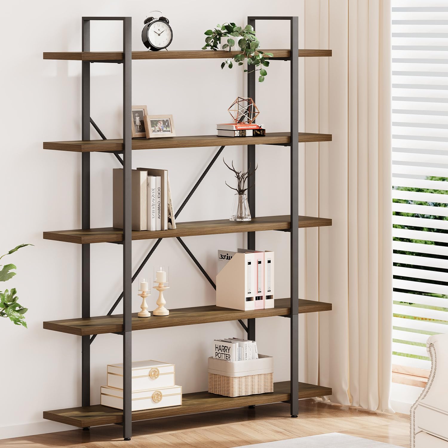 HSH 5-Shelf Vintage Industrial Rustic Bookshelf, 5 Tier Wood and Metal Bookcase, Open Etagere Book Shelf, Farmhouse Wooden Bookshelves, Light Grey Oak