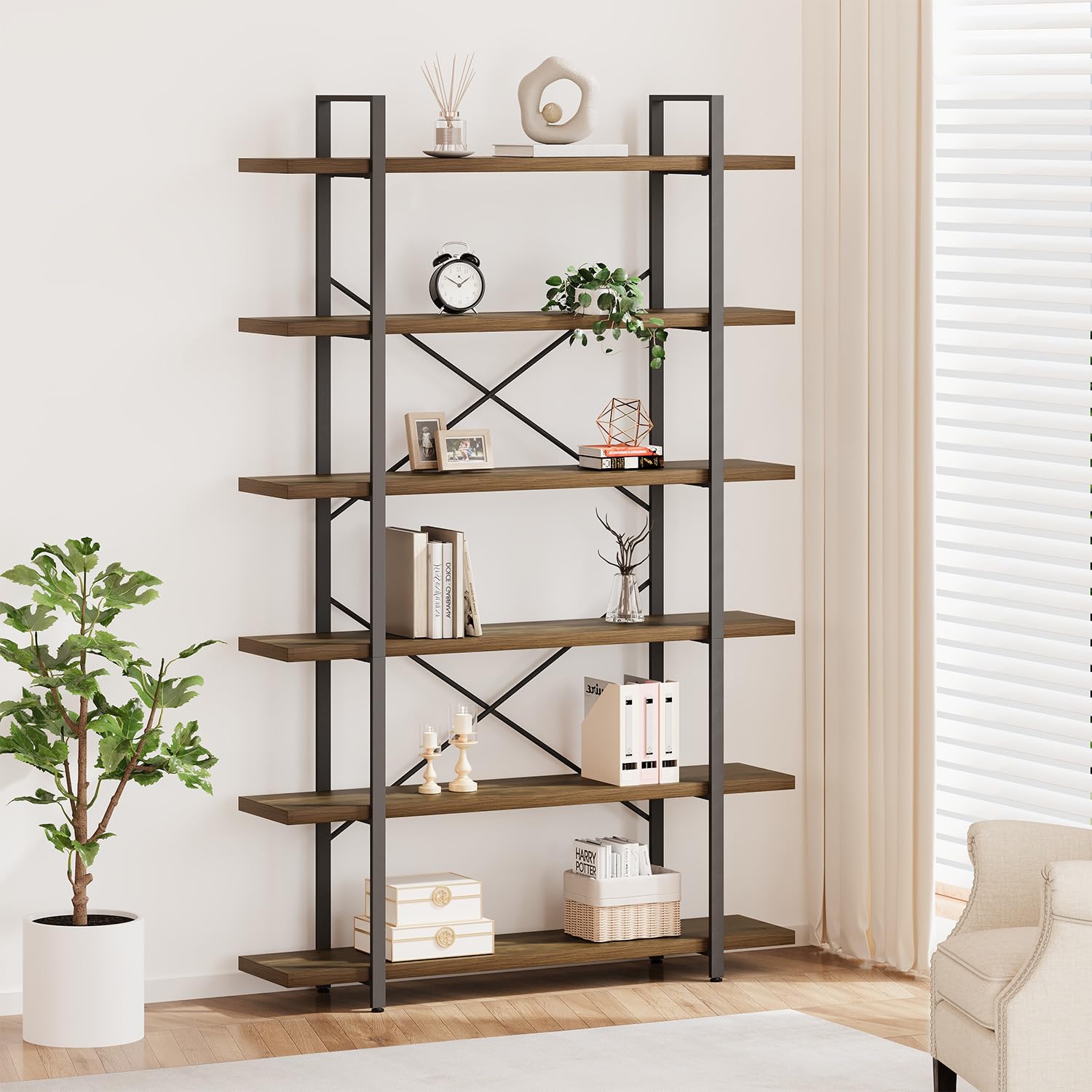 HSH 5-Shelf Vintage Industrial Rustic Bookshelf, 5 Tier Wood and Metal Bookcase, Open Etagere Book Shelf, Farmhouse Wooden Bookshelves, Light Grey Oak