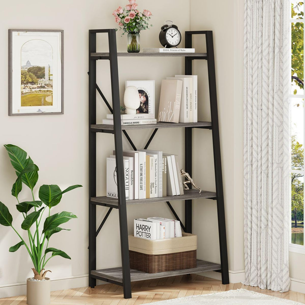 BON AUGURE Ladder Shelf Bookcase, 5-Tier Industrial Ladder Bookshelf, Tall Living Room Shelves, Wood and Metal Leaning Shelf for Home Office, Kitchen, Bedroom, Balcony (Rustic Oak)