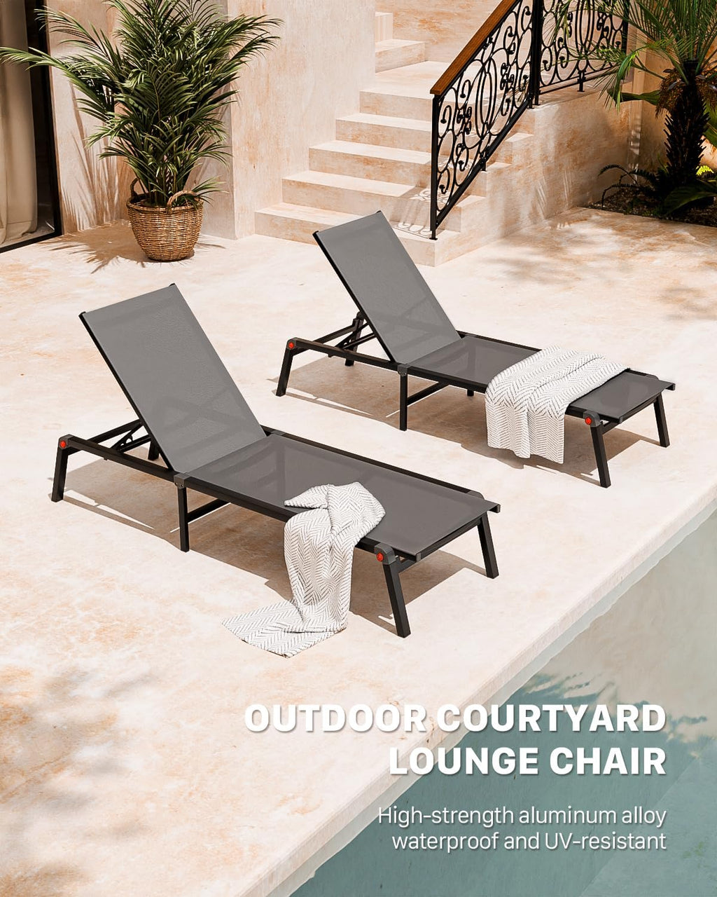 Aluminum Chaise Foldable Patio Lounge Chair Outdoor, Metal Deck Lounger Adjustable 5-Position Recliner Pool Chase Breathable Full Flat Outside Sun Tanning Chairs for Beach/Poolside/Lawn(Grey, 1 Pack)