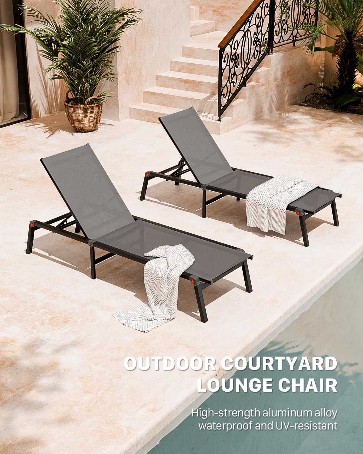 Aluminum Chaise Foldable Patio Lounge Chair Outdoor, Metal Deck Lounger Adjustable 5-Position Recliner Pool Chase Breathable Full Flat Outside Sun Tanning Chairs for Beach/Poolside/Lawn(Grey, 1 Pack)
