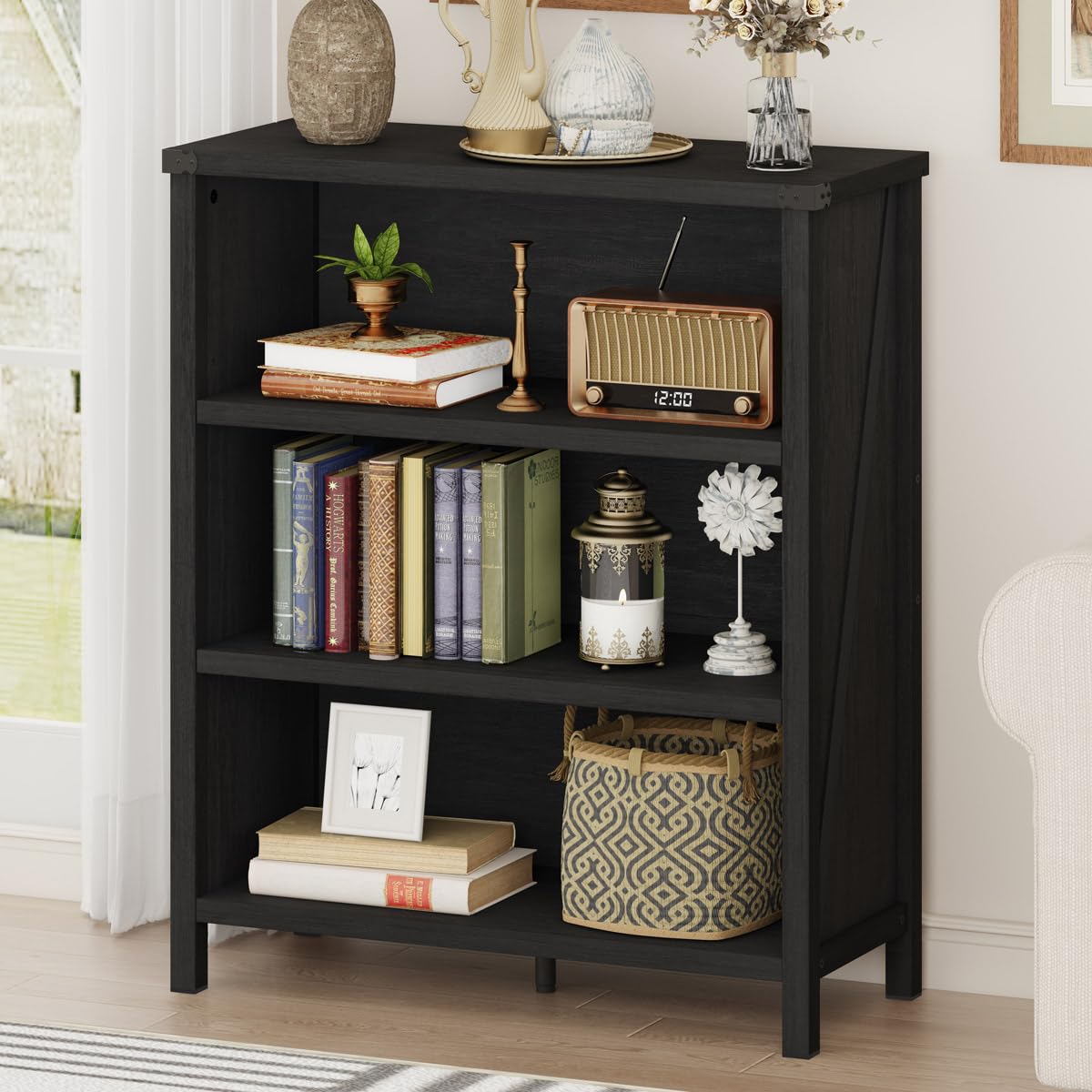 BON AUGURE Rustic Short Bookshelf, 3 Shelf Bookcase, Small Wood Low Book Cases/Shelves, Farmhouse Storage Tier Book Shelves for Home Office, Living Room, Small Space (Rustic Oak)