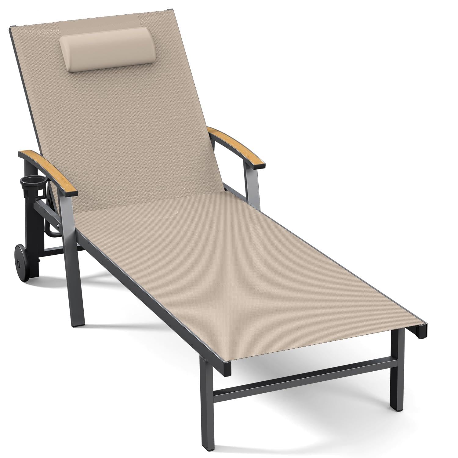 Ciokea Outdoor Lounge Chair with Pillow, 5-Position Aluminum Chaise Lounge with Wheels & Armrests, 400 lbs Heavy Duty Patio Pool Chair for Deck, Backyard, Beach & Poolside, Grey
