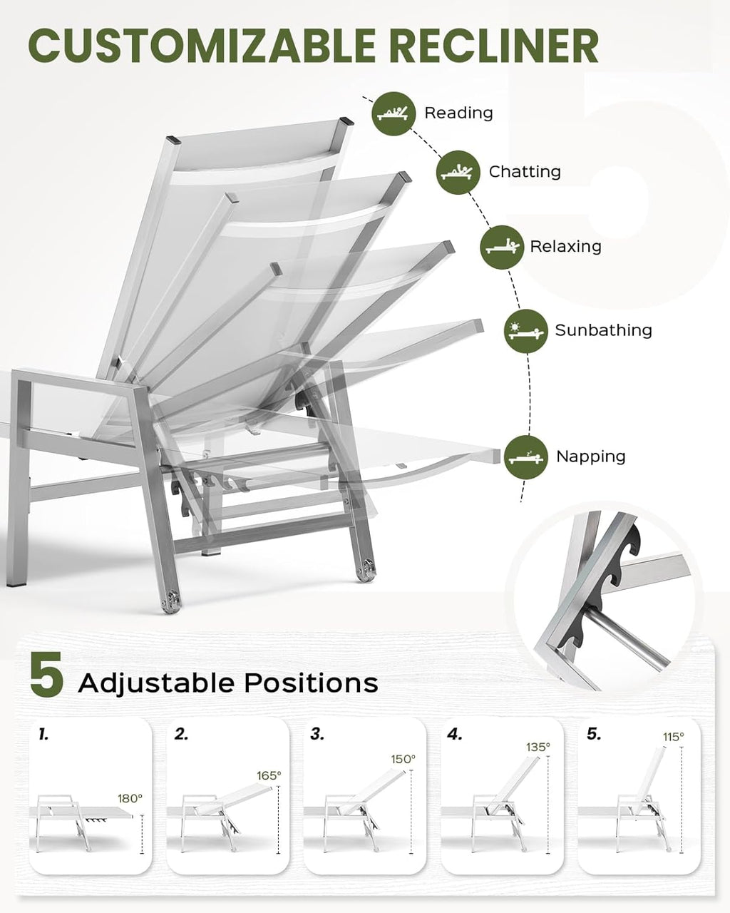 Vexwalx Patio Chaise Lounge Outdoor with Wheels&Armrests, Aluminum Pool Lounge Chairs 5-Position Adjustable Recliner, Sun Beach Lounge Chairs for Poolside, Patio, Deck, Yard, White