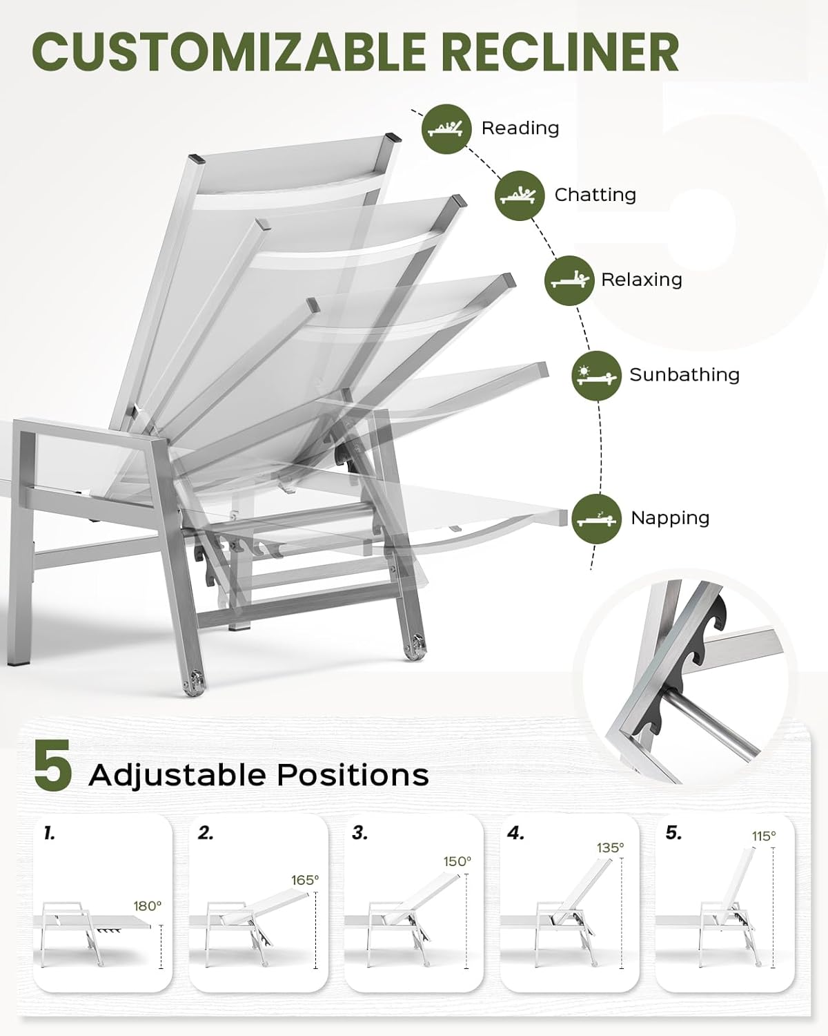 Vexwalx Patio Chaise Lounge Outdoor with Wheels&Armrests, Aluminum Pool Lounge Chairs 5-Position Adjustable Recliner, Sun Beach Lounge Chairs for Poolside, Patio, Deck, Yard, White