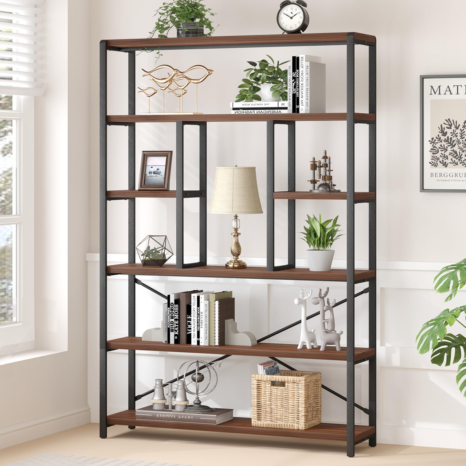 LVB Tall Industrial Etagere Bookcase, Modern Wood Large Open 6 Tier Bookshelf, Vintage Wide Metal Book Shelf Organizer, Farmhouse Book Shelves for Bedroom Living Room Home Office Storage, Rustic Oak