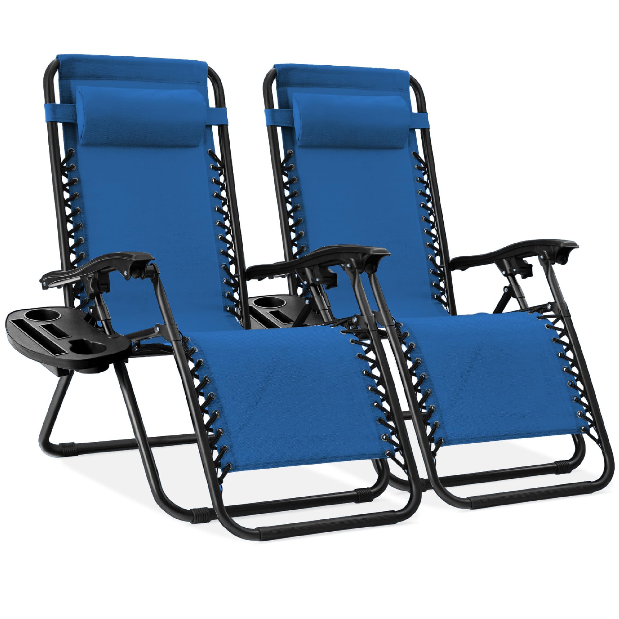 Best Choice Products Set of 2 Adjustable Steel Mesh Zero Gravity Lounge Chair Recliners w/Pillows and Cup Holder Trays - Black