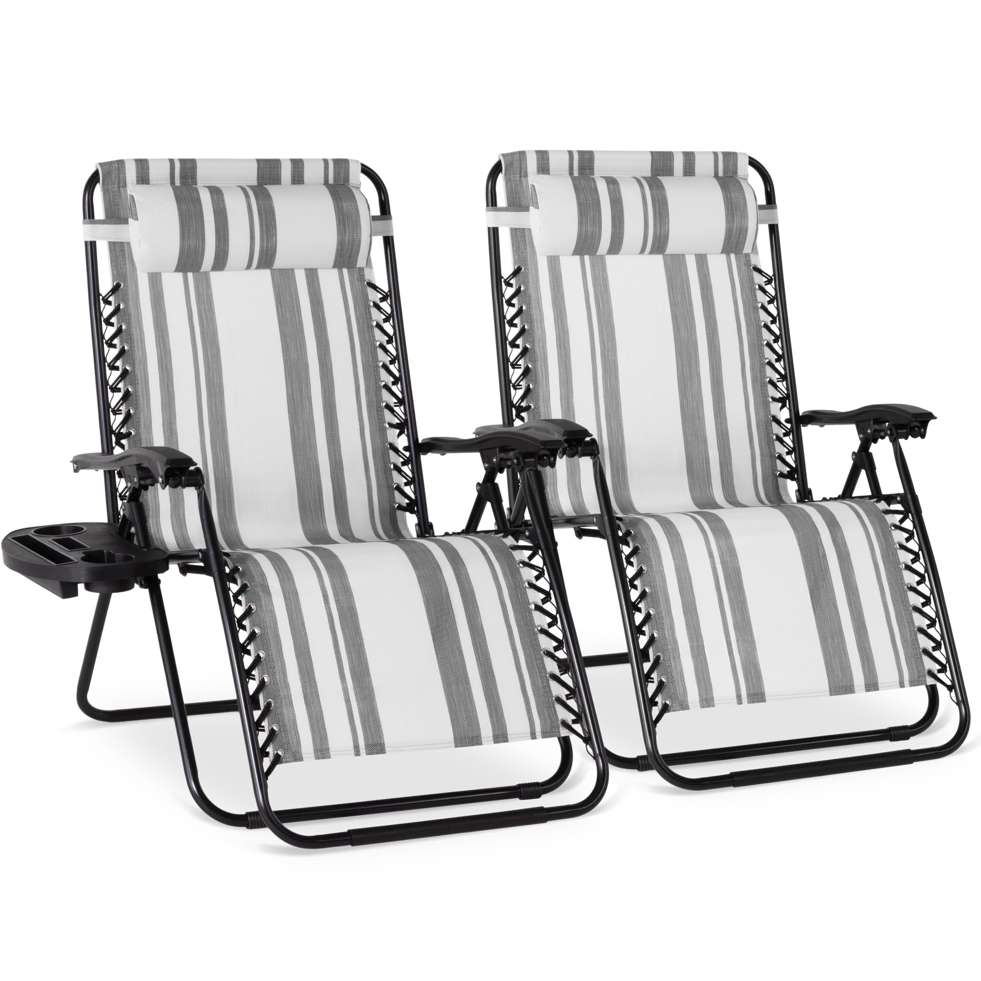 Best Choice Products Set of 2 Adjustable Steel Mesh Zero Gravity Lounge Chair Recliners w/Pillows and Cup Holder Trays - Black