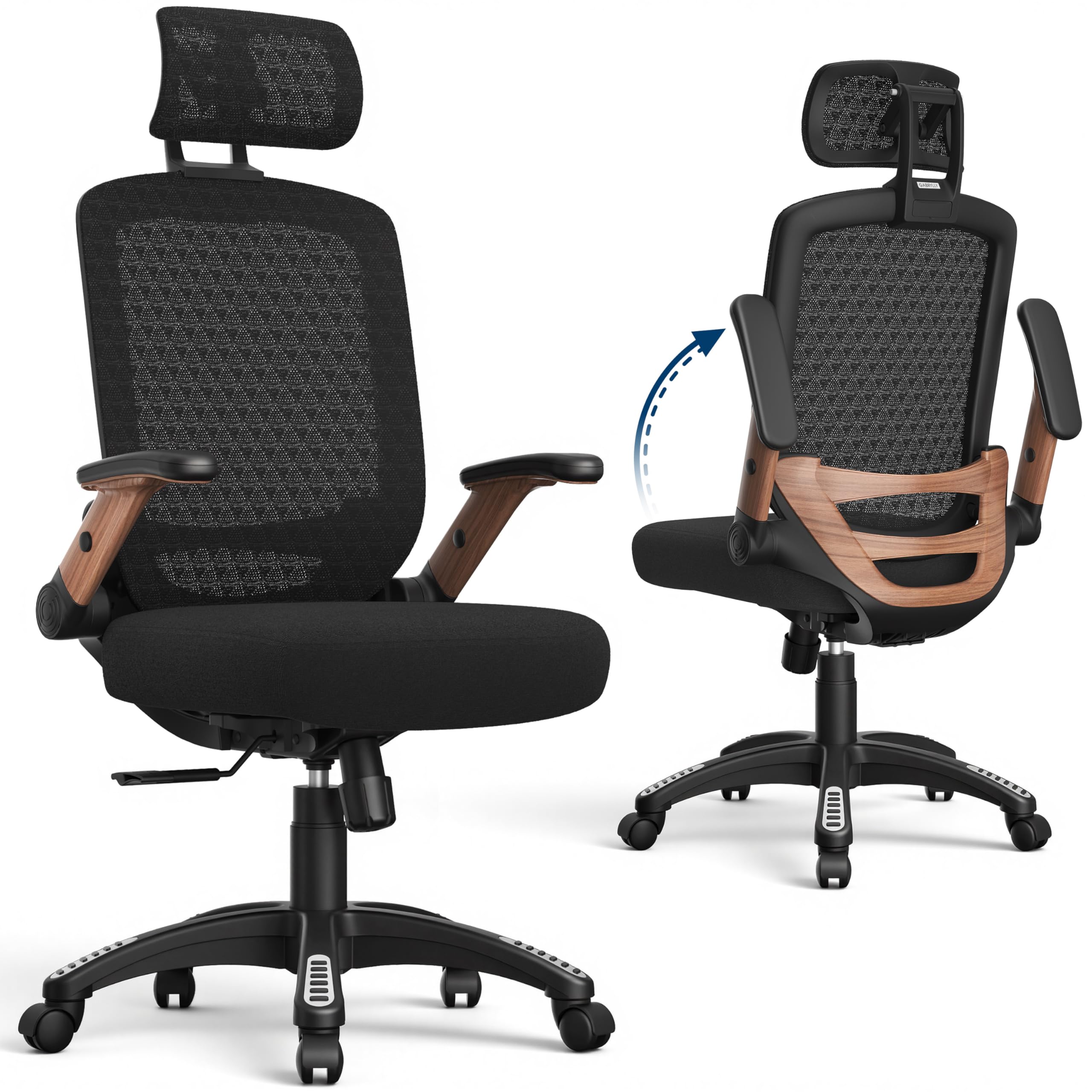 GABRYLLY Ergonomic Office Chair, High Back Home Desk Chair with Flip-Up Arms, Headrest, 90-120° Tilt and Wide Cushion, 300LBS White Mesh Chair for Work Gaming Study (GY01-NT, Woodgrain Pattern)