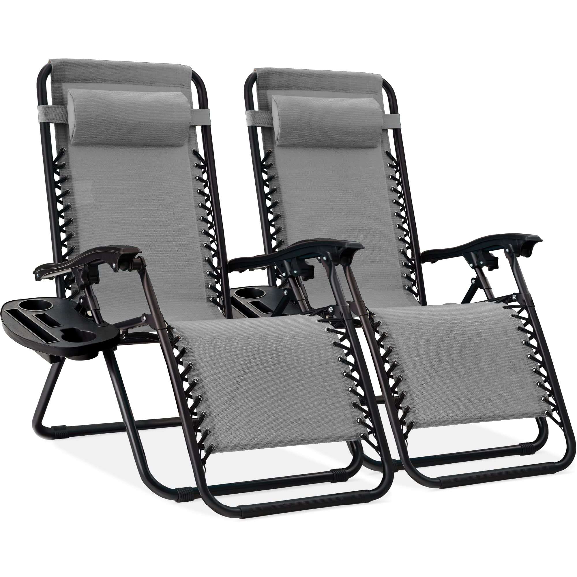 Best Choice Products Set of 2 Adjustable Steel Mesh Zero Gravity Lounge Chair Recliners w/Pillows and Cup Holder Trays - Black