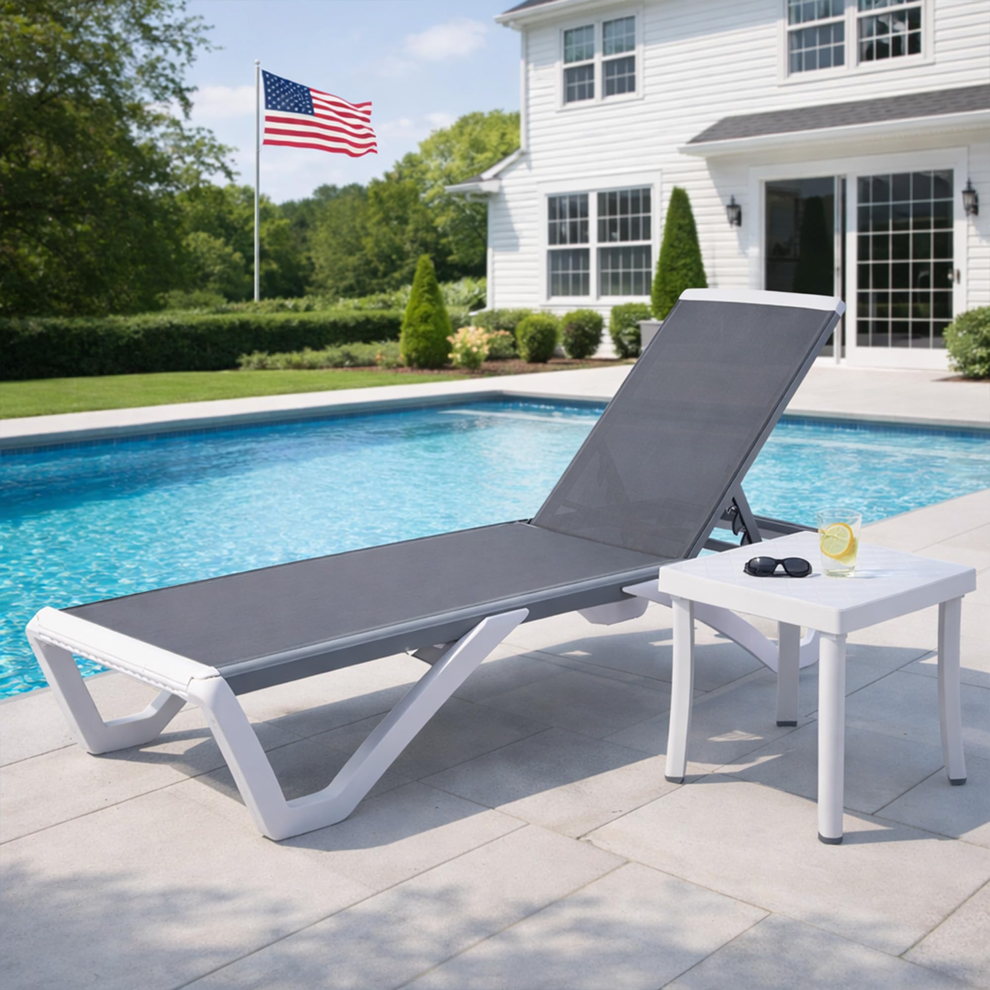 Kozyard Outdoor Chaise Lounge Chair, Full Flat Adjustable Patio Lounger with Aluminum Frame & Resin Legs, Textilene Fabric for Poolside, Backyard & Beach (Gray Without Table)