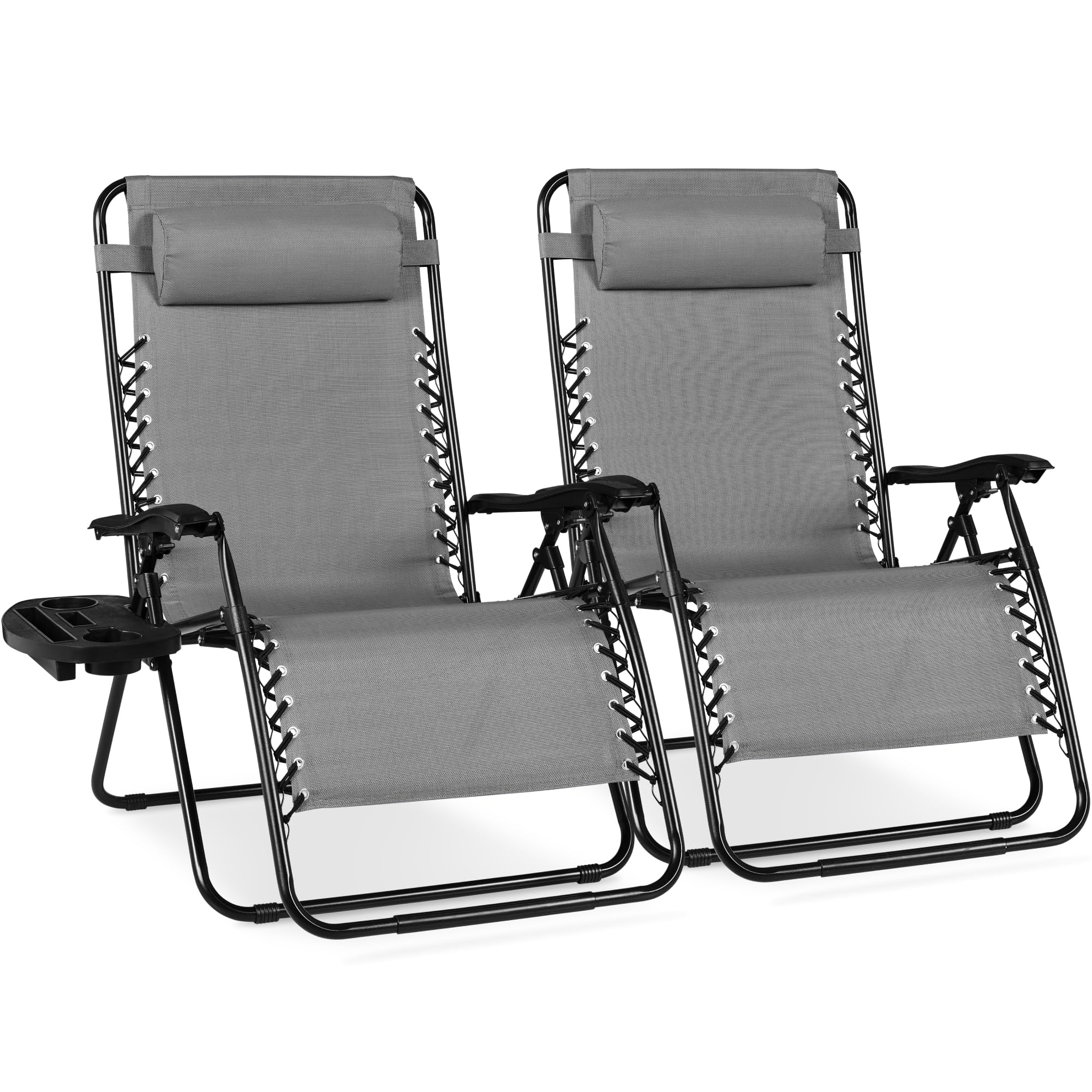 Best Choice Products Set of 2 Adjustable Steel Mesh Zero Gravity Lounge Chair Recliners w/Pillows and Cup Holder Trays - Black