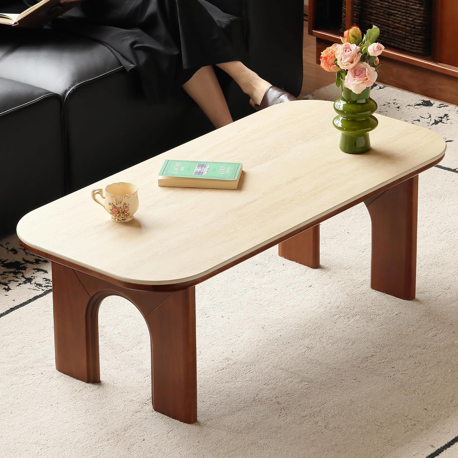 YESWOOD Solid Wood Tulipwood Coffee Table with Travertine Sintered Stone Top, Mid-Century Modern Design, Living Room Table, 47.24" L x 22.05" W x 16.53" H, Teak