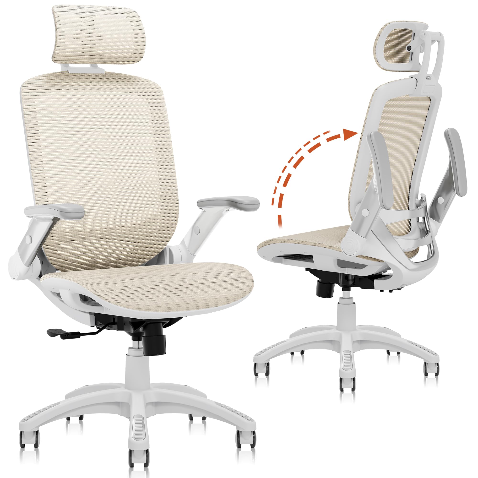 GABRYLLY Ergonomic Office Chair, High Back Home Desk Chair with Flip-Up Arms, Headrest, 90-120° Tilt and Wide Cushion, 300LBS White Mesh Chair for Work Gaming Study (GY01-NT, Woodgrain Pattern)