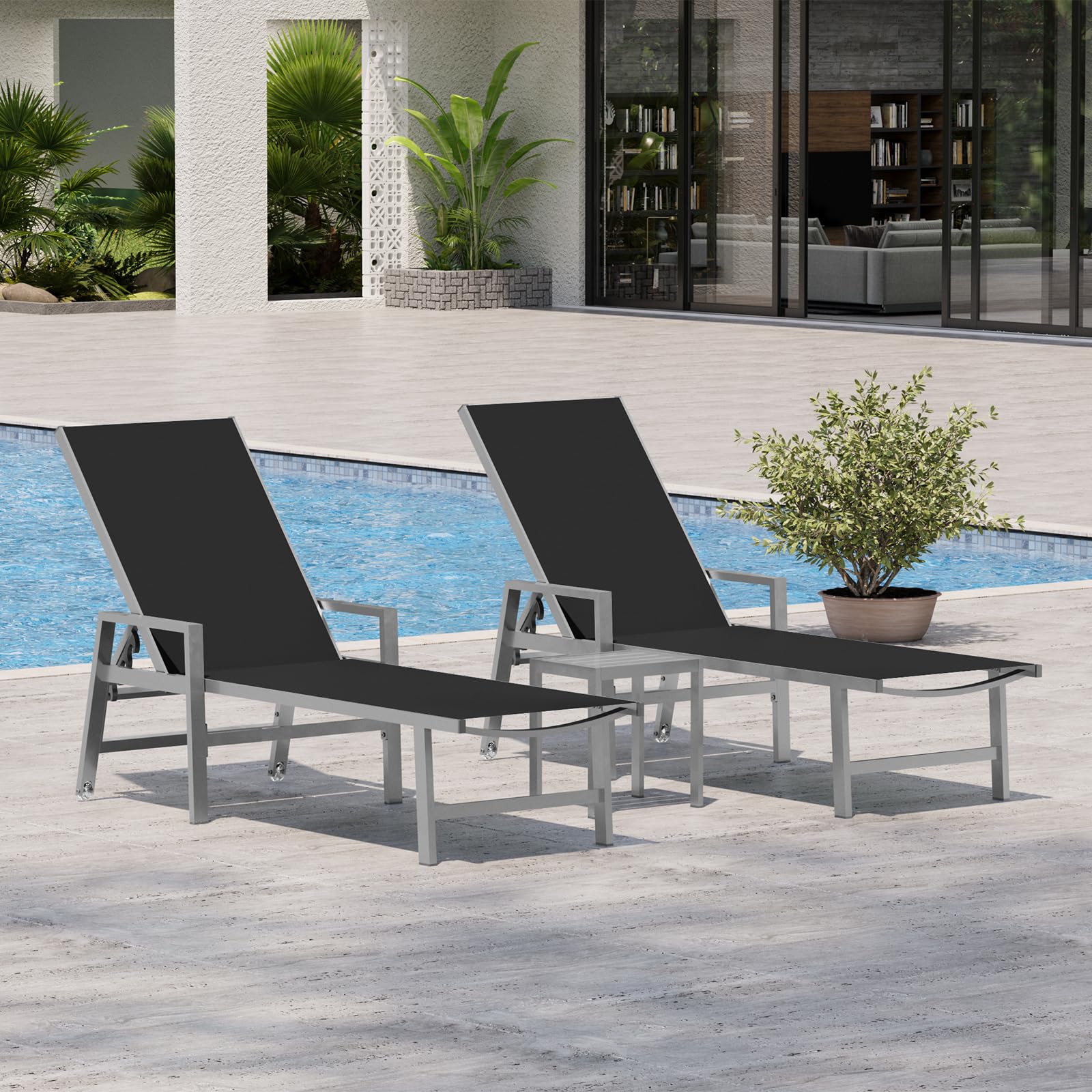 Vexwalx Patio Chaise Lounge Outdoor with Wheels&Armrests, Aluminum Pool Lounge Chairs 5-Position Adjustable Recliner, Sun Beach Lounge Chairs for Poolside, Patio, Deck, Yard, White